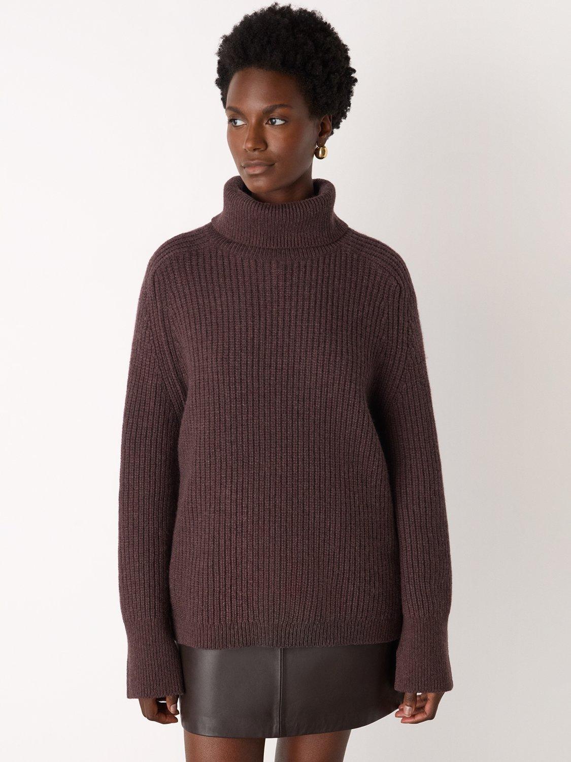 Product image 4 of 5, which shows Whistles Wool Roll Neck Jumper, Brown, XS
