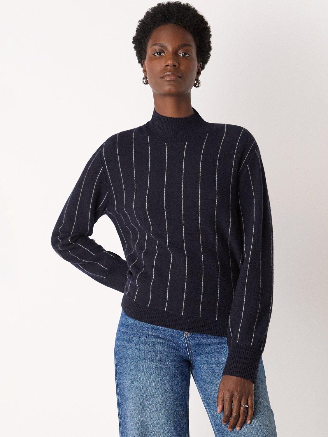 Product image 1 of 5, which shows Whistles Wool Blend Stripe Long Sleeve Funnel Neck Jumper, Navy, XS
