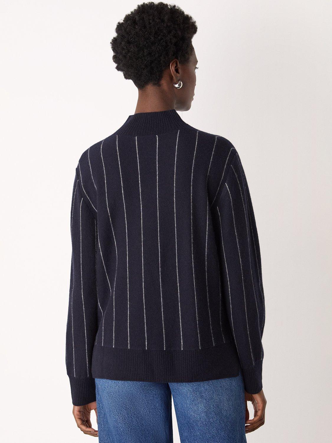 Product image 2 of 5, which shows Whistles Wool Blend Stripe Long Sleeve Funnel Neck Jumper, Navy, XS