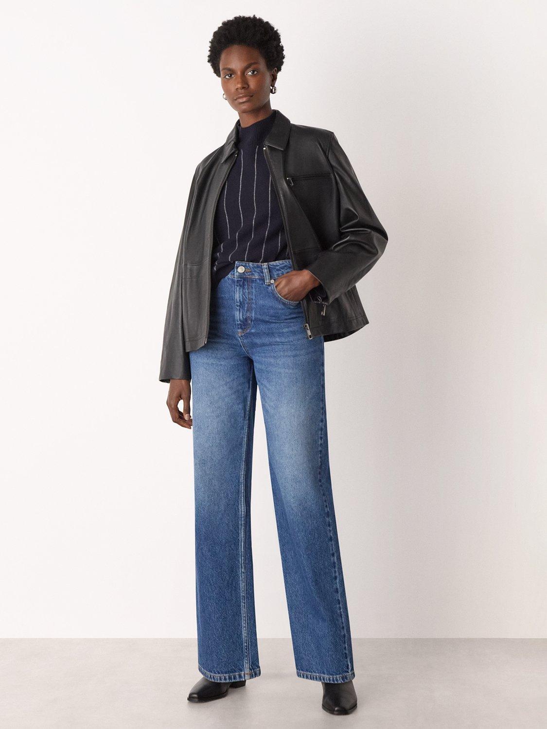 Product image 3 of 5, which shows Whistles Wool Blend Stripe Long Sleeve Funnel Neck Jumper, Navy, XS