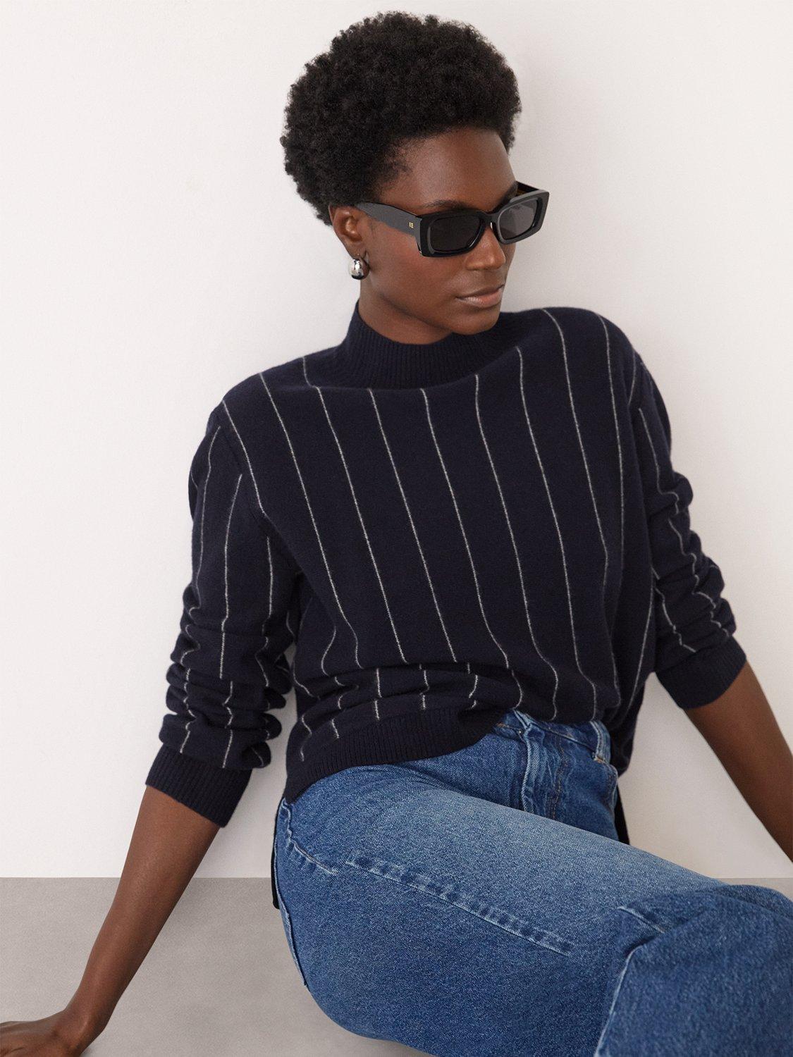 Product image 4 of 5, which shows Whistles Wool Blend Stripe Long Sleeve Funnel Neck Jumper, Navy, XS