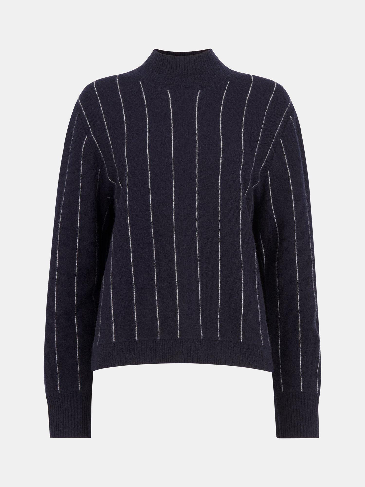 Product image 5 of 5, which shows Whistles Wool Blend Stripe Long Sleeve Funnel Neck Jumper, Navy, XS