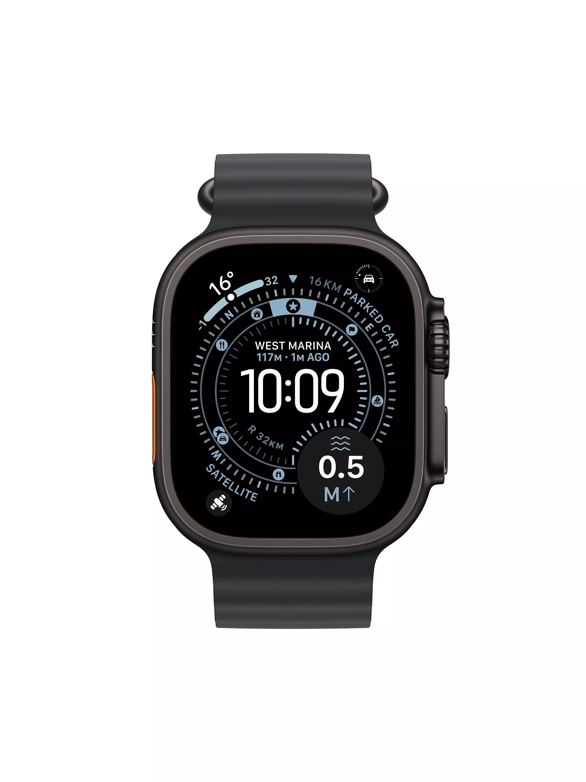Apple Watch Ultra with a black strap displaying digital time, compass, temperature, and location data on the screen.