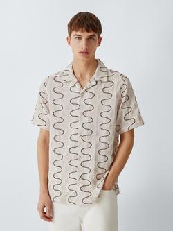 John Lewis Circle Embroidered Short Sleeve Cotton Blend Shirt, Beige/Brown, Beige/ Brown