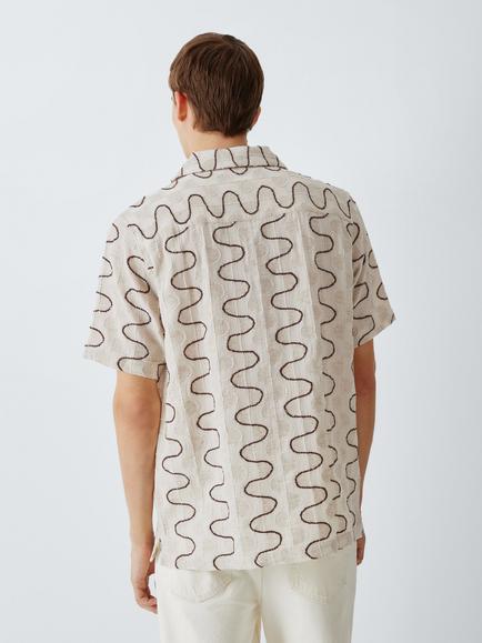 John Lewis Circle Embroidered Short Sleeve Cotton Blend Shirt, Beige/Brown - view 2, Beige/ Brown