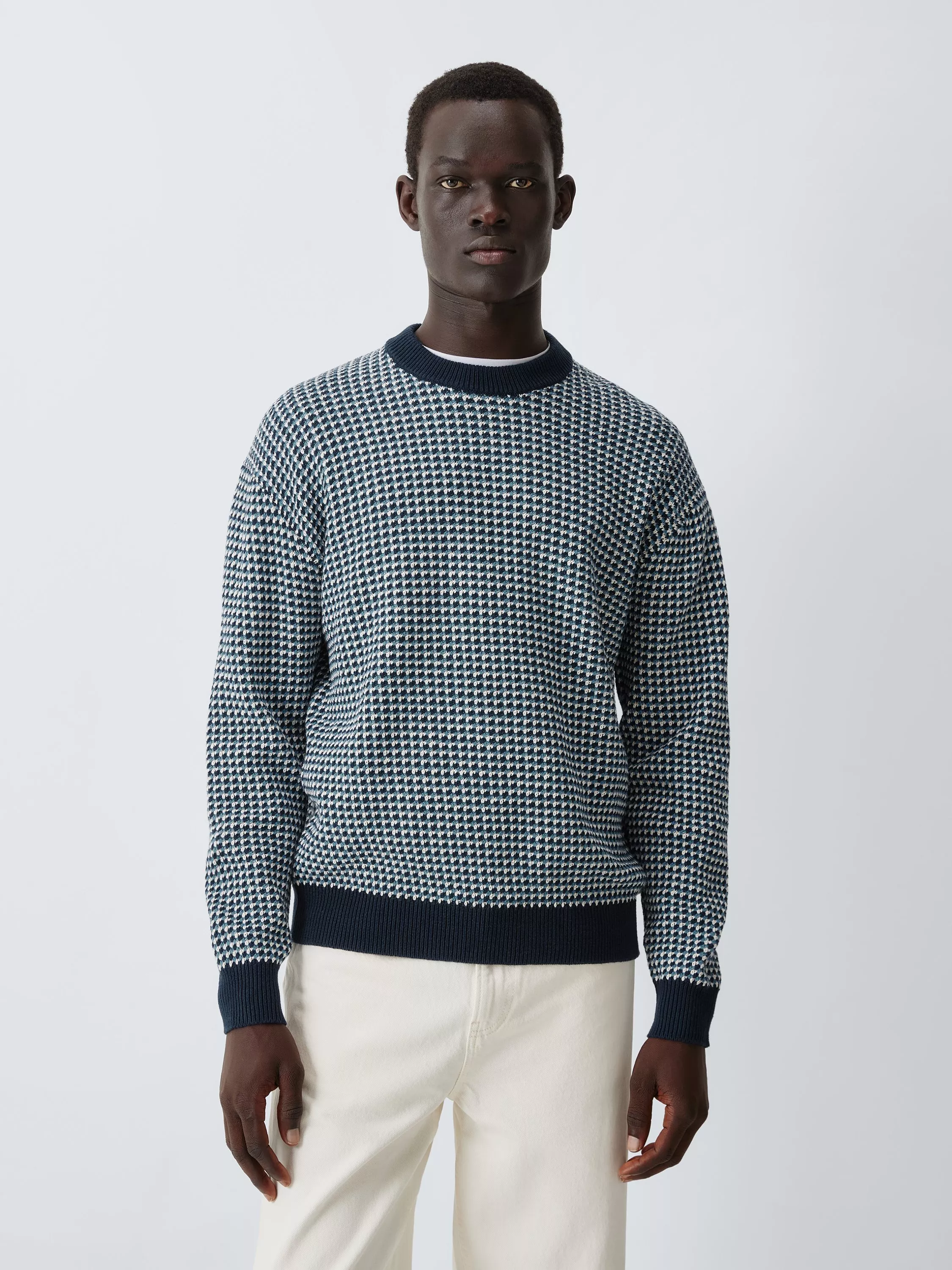 レタッチ Wool Mixed Crewneck Knit John Lewis 3 Colour Micro Stitch Wool Blend Crew Neck Jumper, Blues