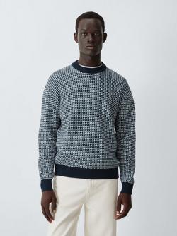 John Lewis 3 Colour Micro Stitch Wool Blend Crew Neck Jumper, Blues, Blues