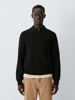 John Lewis Ottoman Knit Zip Through Jumper with Merino Wool, Black, Black