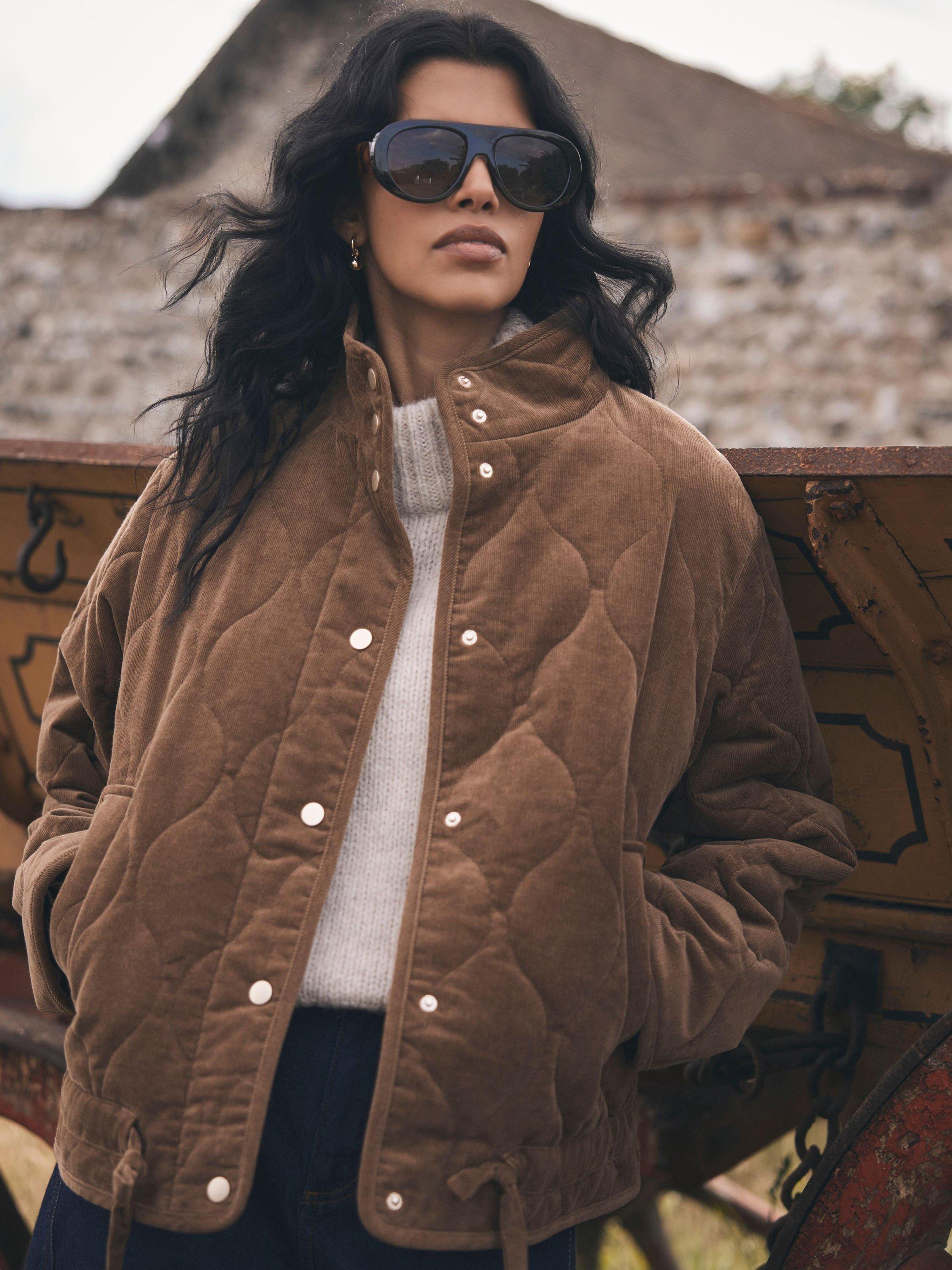 Product image 1 of 7, which shows Mint Velvet Cotton Blend Geometric High Neck Quilted Jacket, Brown Camel, XL