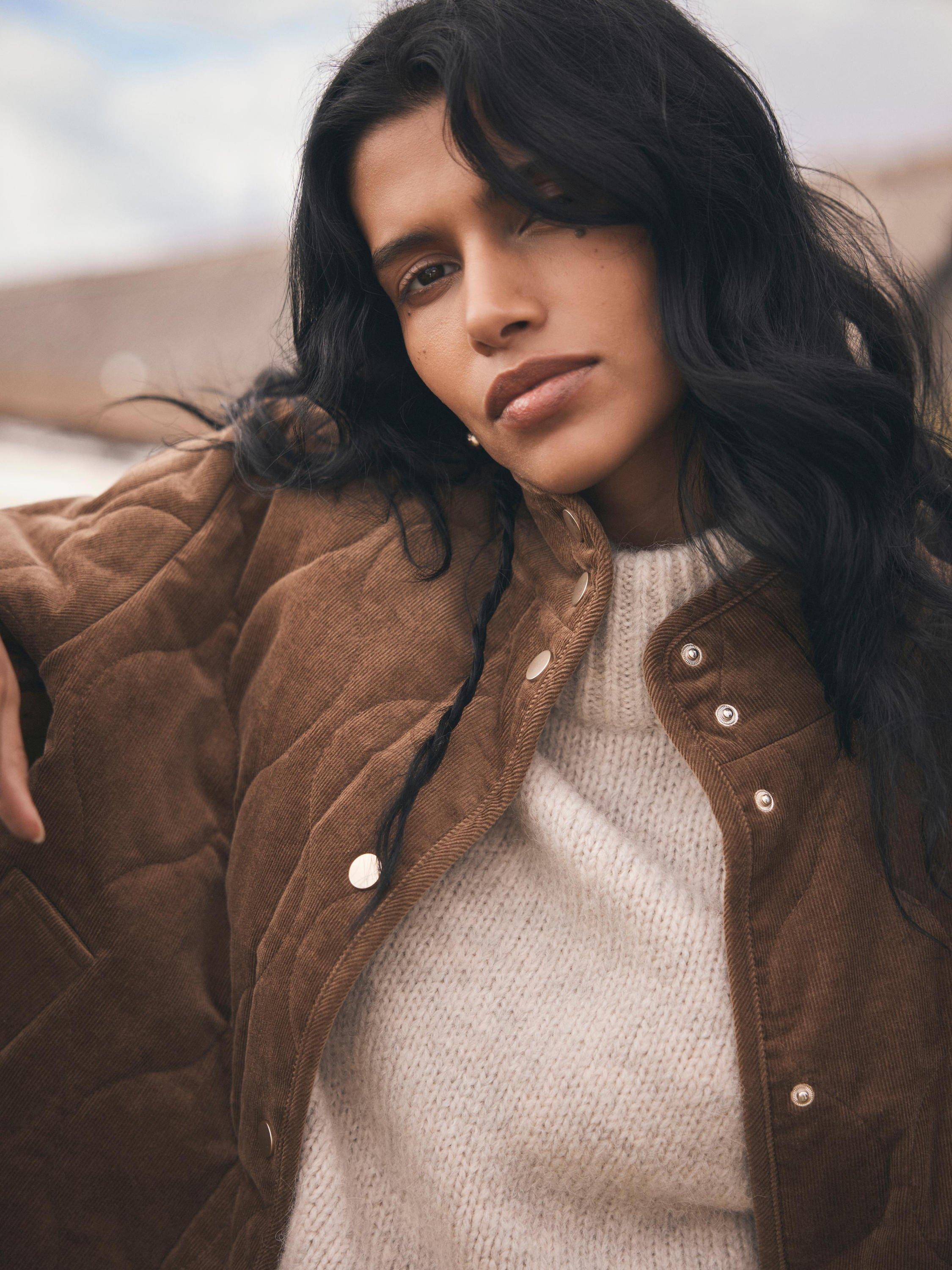 Product image 3 of 7, which shows Mint Velvet Cotton Blend Geometric High Neck Quilted Jacket, Brown Camel, XL