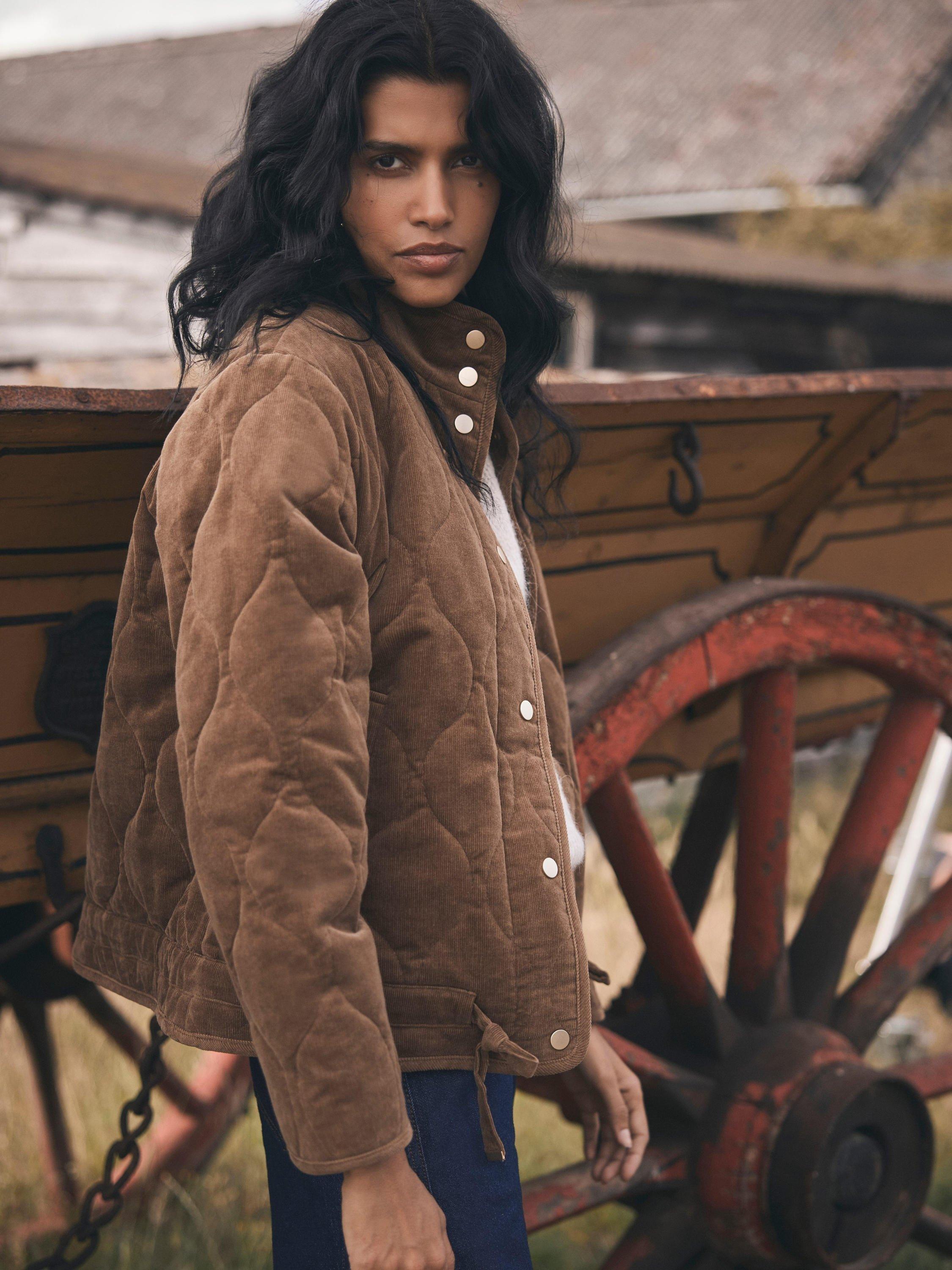 Product image 5 of 7, which shows Mint Velvet Cotton Blend Geometric High Neck Quilted Jacket, Brown Camel, XL