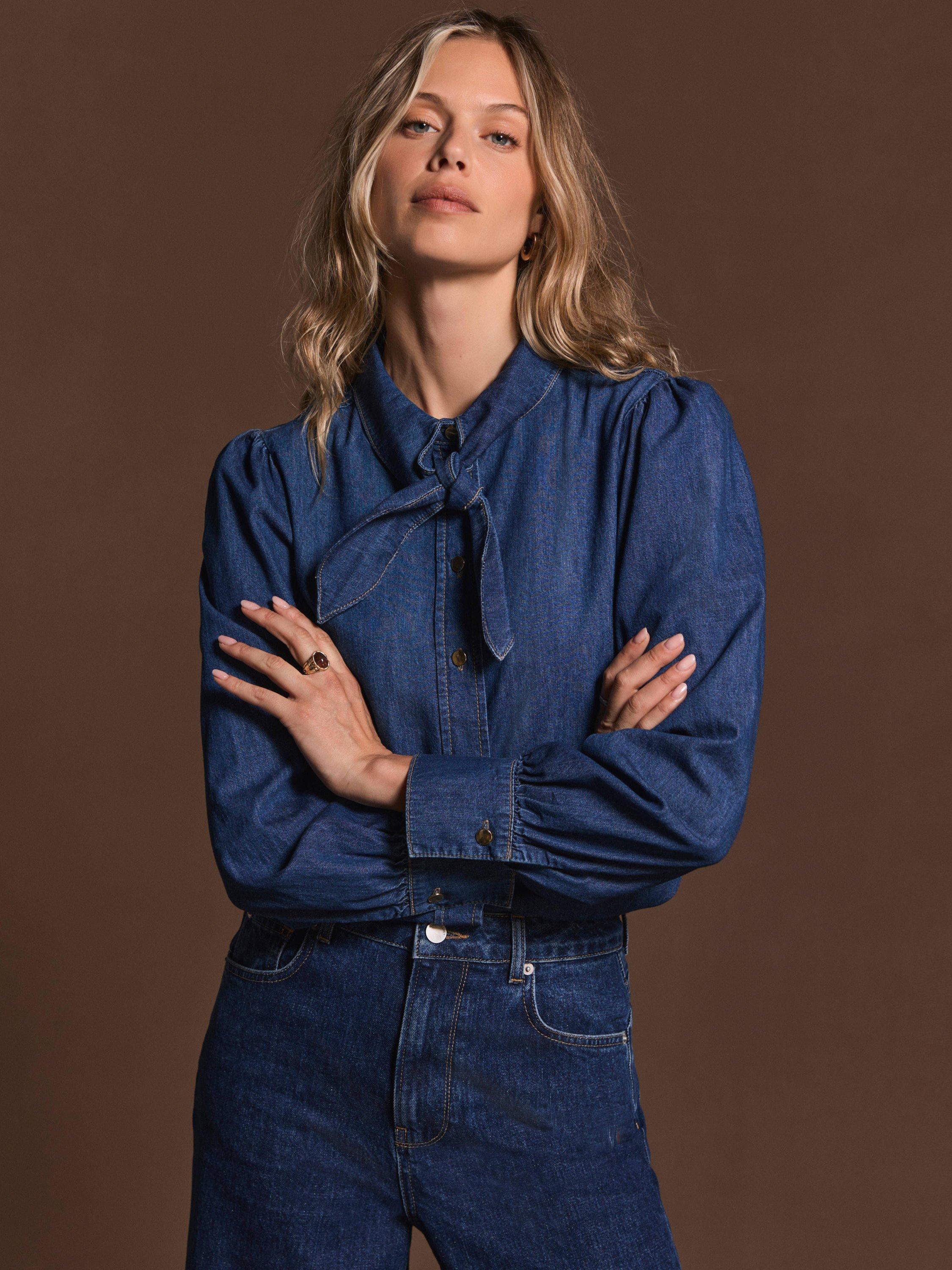 Product image 1 of 7, which shows Mint Velvet Tie Neck Denim Blouse, Blue, XS