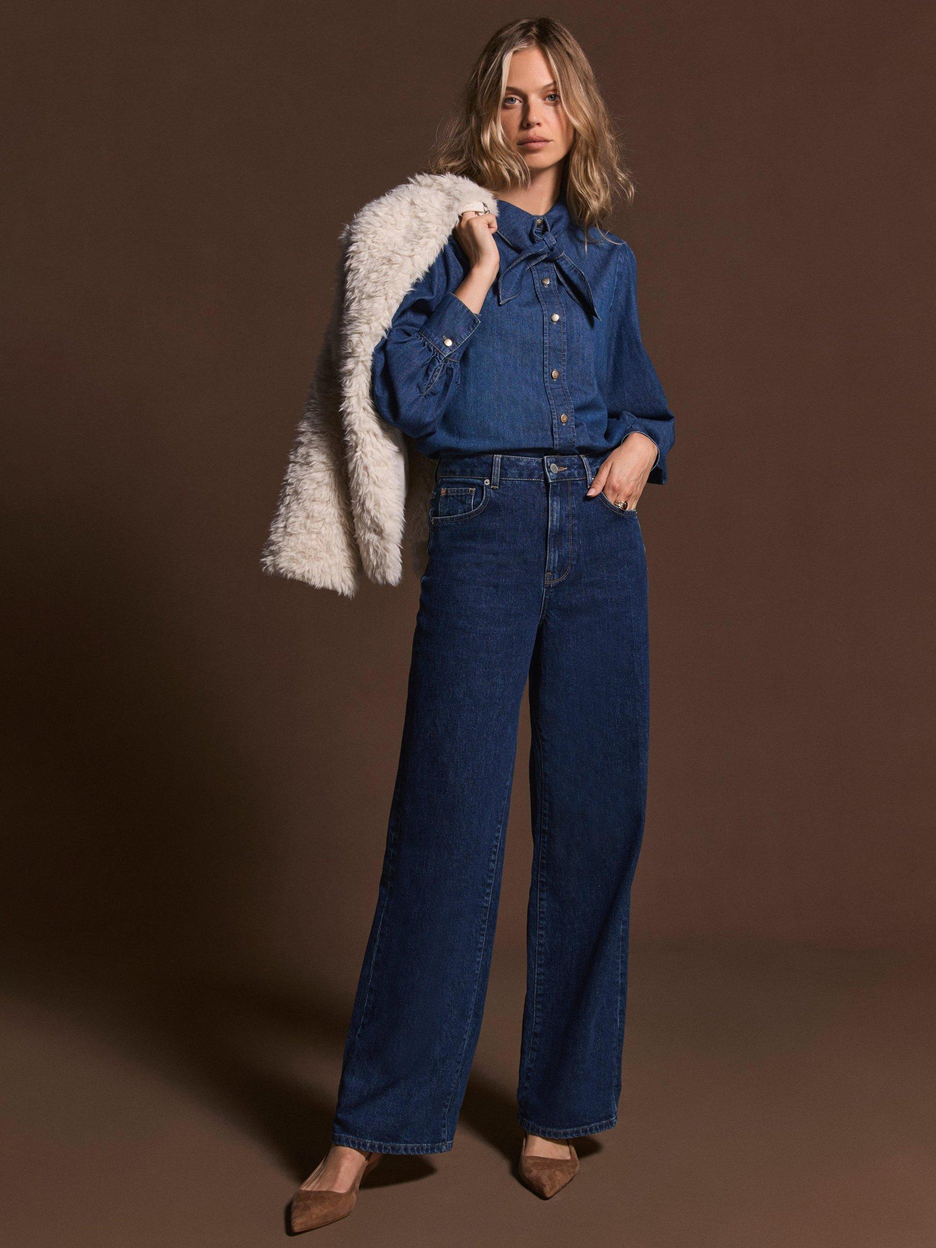 Product image 2 of 7, which shows Mint Velvet Tie Neck Denim Blouse, Blue, XS