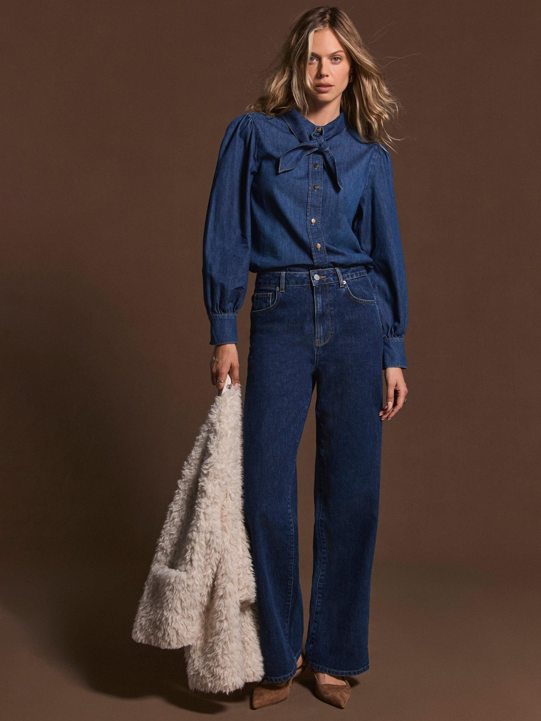 Product image 4 of 7, which shows Mint Velvet Tie Neck Denim Blouse, Blue, XS