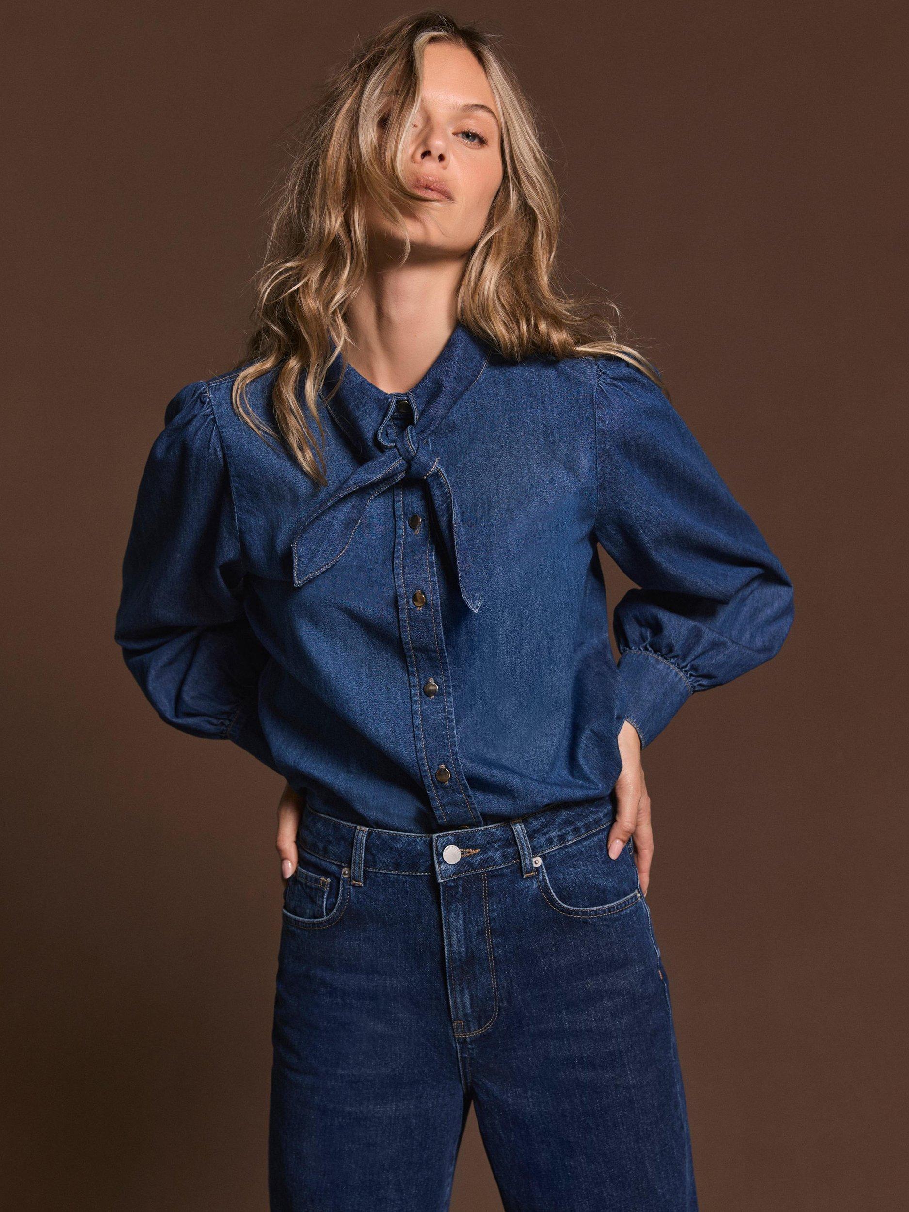 Product image 5 of 7, which shows Mint Velvet Tie Neck Denim Blouse, Blue, XS
