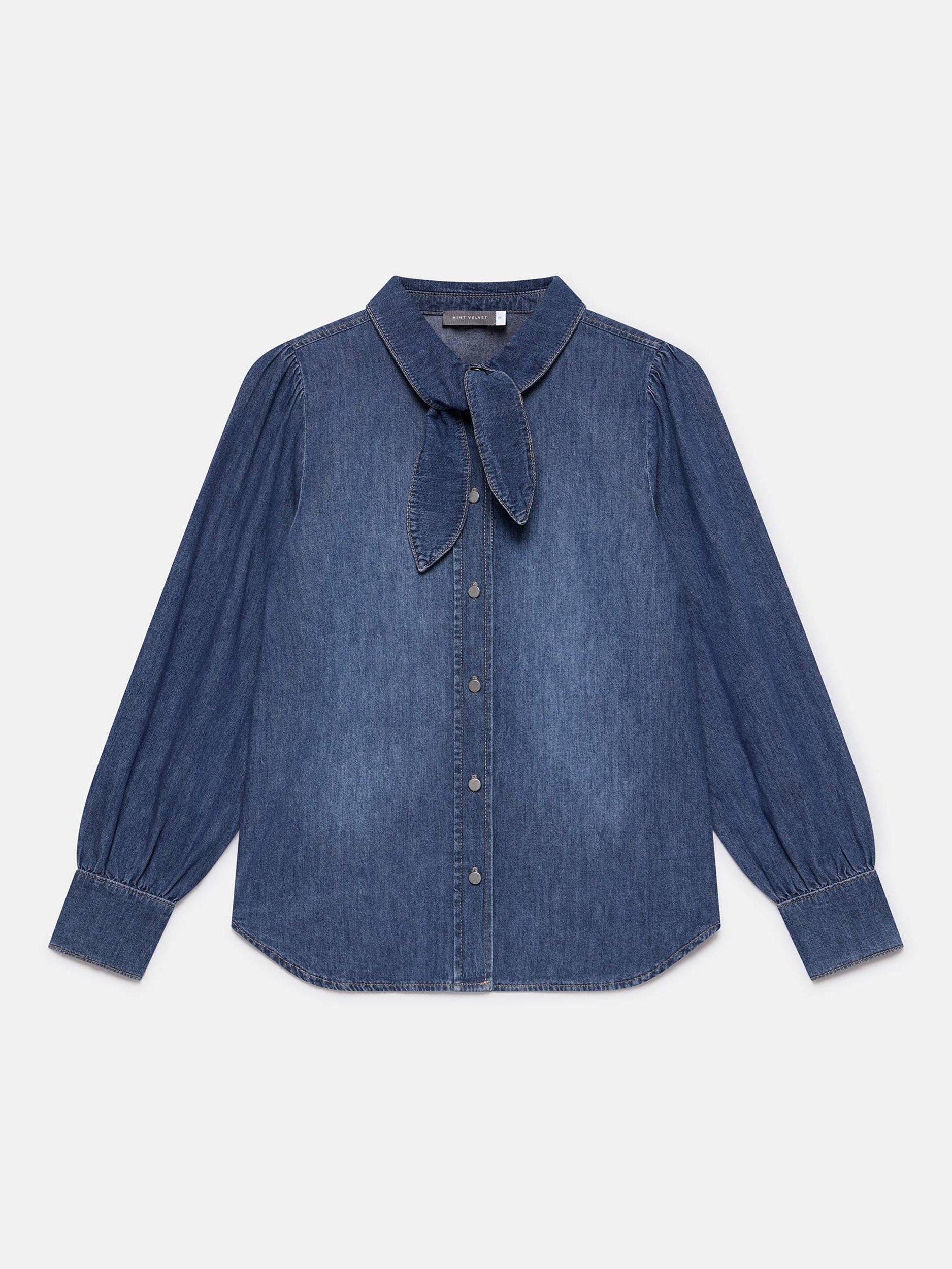 Product image 6 of 7, which shows Mint Velvet Tie Neck Denim Blouse, Blue, XS