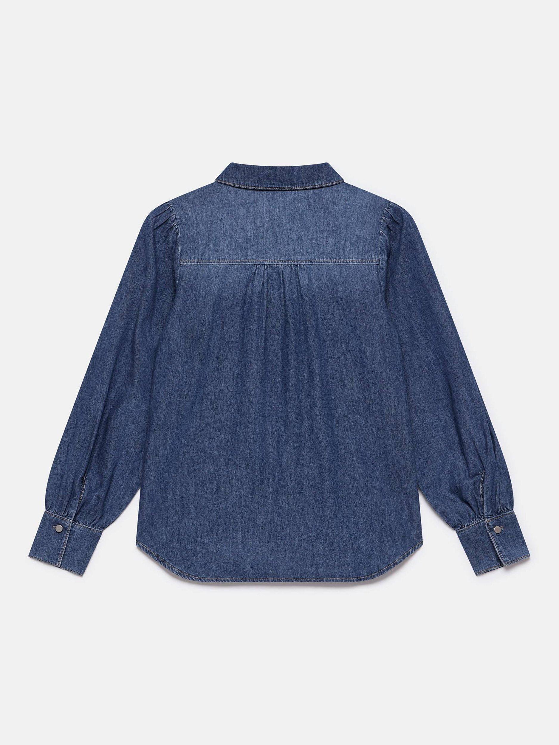 Product image 7 of 7, which shows Mint Velvet Tie Neck Denim Blouse, Blue, XS