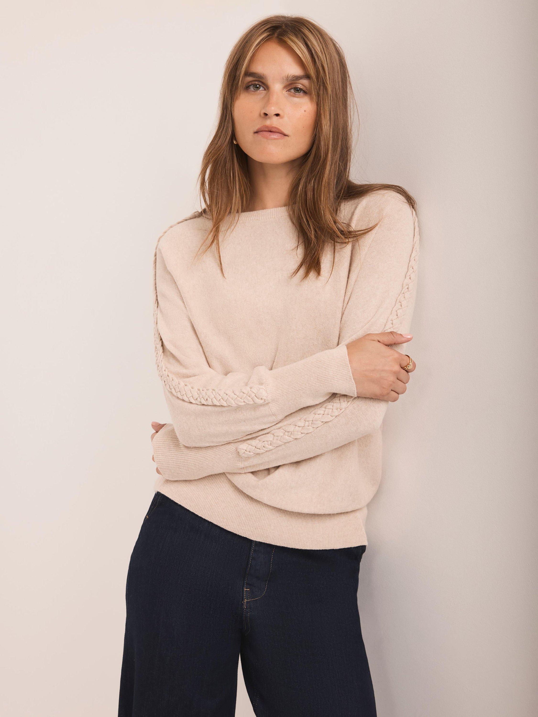 Product image 1 of 7, which shows Mint Velvet Cotton Blend Batwing Boat Neck Jumper, Natural, XS
