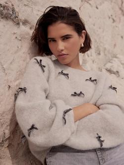 Mint Velvet Bow Detail Jumper, Grey - view 2, Grey