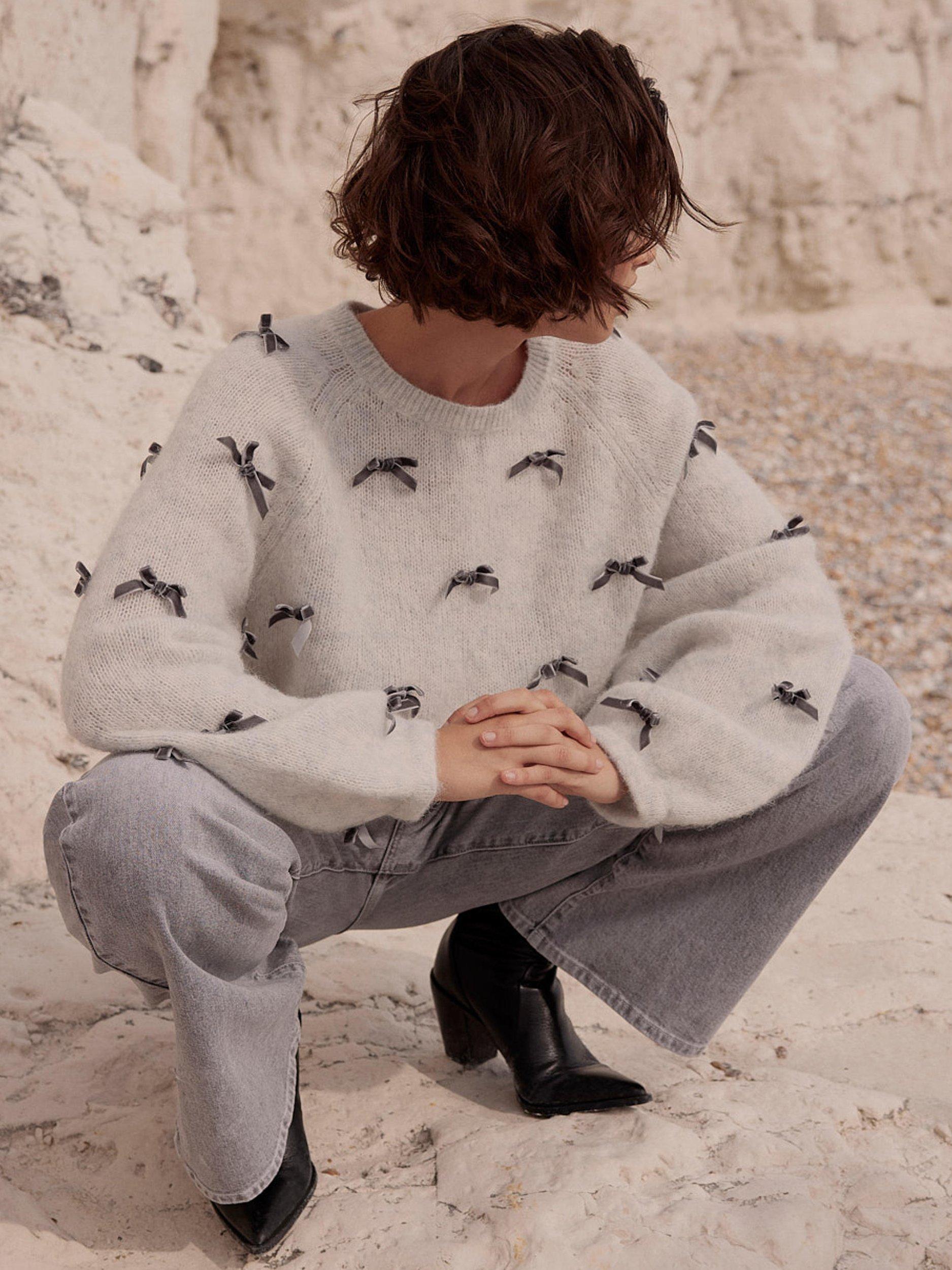 Product image 3 of 7, which shows Mint Velvet Bow Detail Jumper, Grey, S