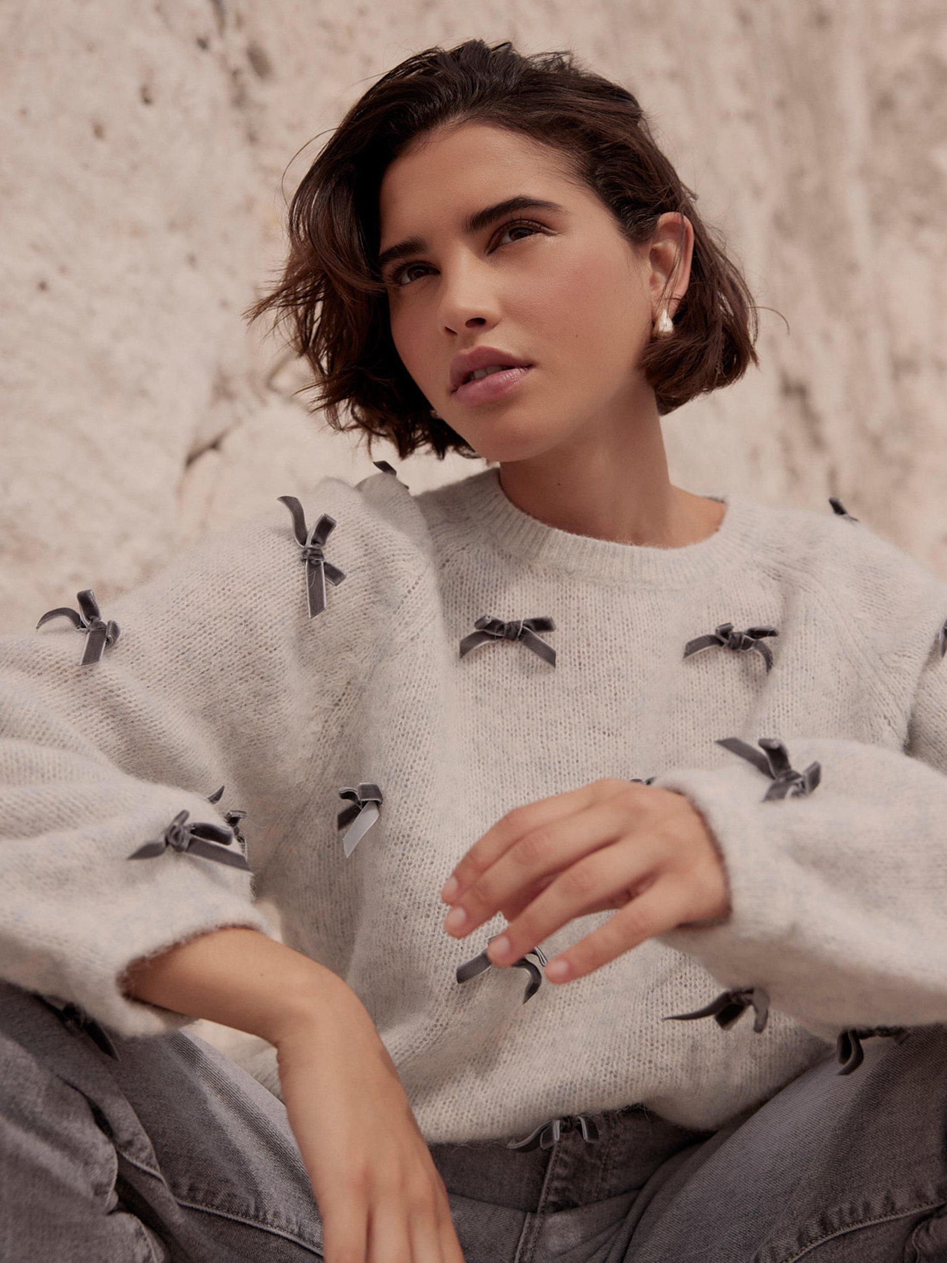 Product image 5 of 7, which shows Mint Velvet Bow Detail Jumper, Grey, S