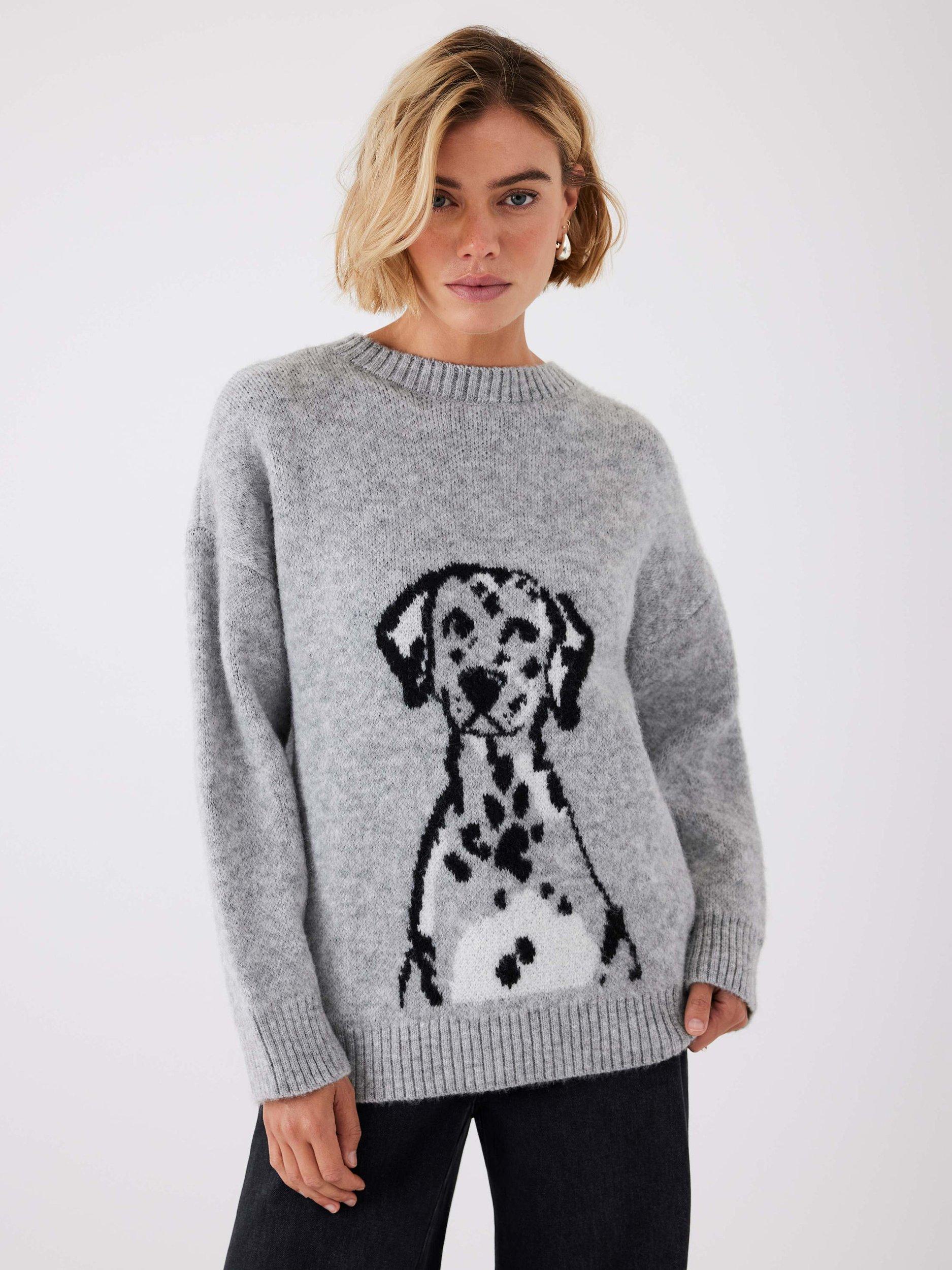 Product image 1 of 7, which shows Mint Velvet Knit Dalmatian Jumper, Grey/Multi, S