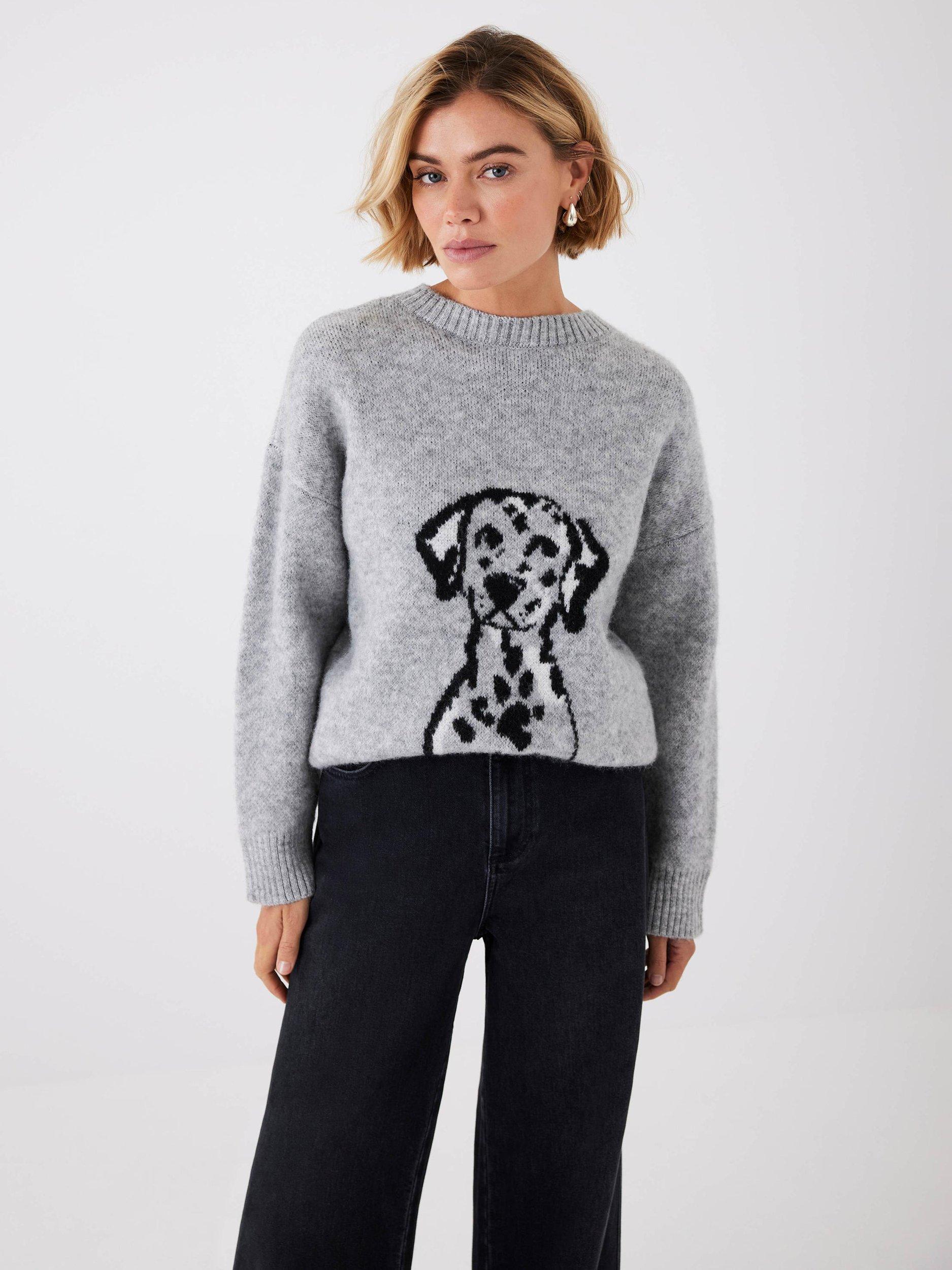 Product image 2 of 7, which shows Mint Velvet Knit Dalmatian Jumper, Grey/Multi, S