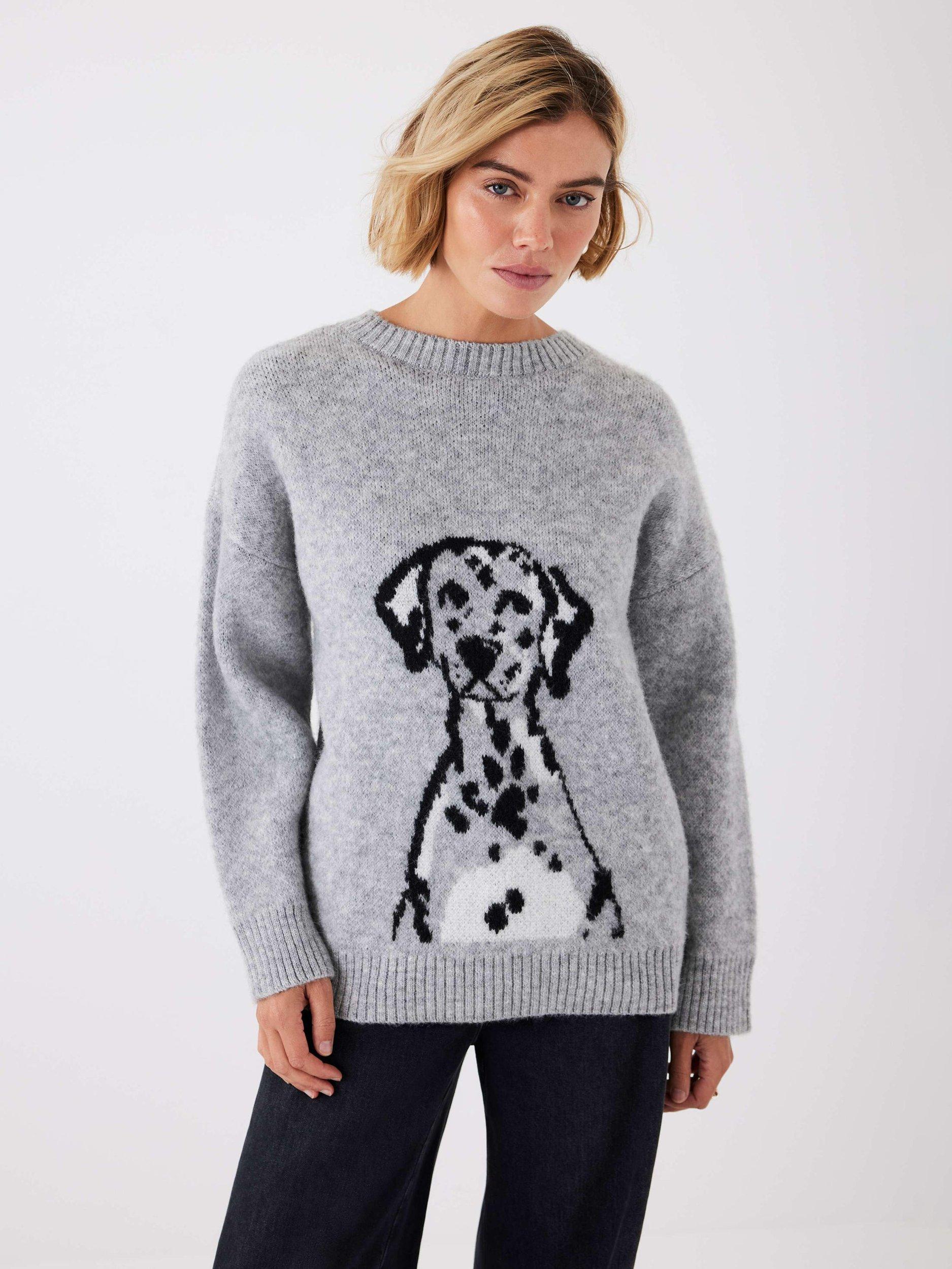 Product image 5 of 7, which shows Mint Velvet Knit Dalmatian Jumper, Grey/Multi, S