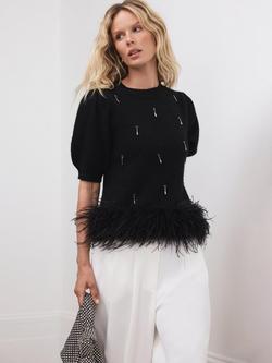 Mint Velvet Embellished Feather Trim Top, Black, Black