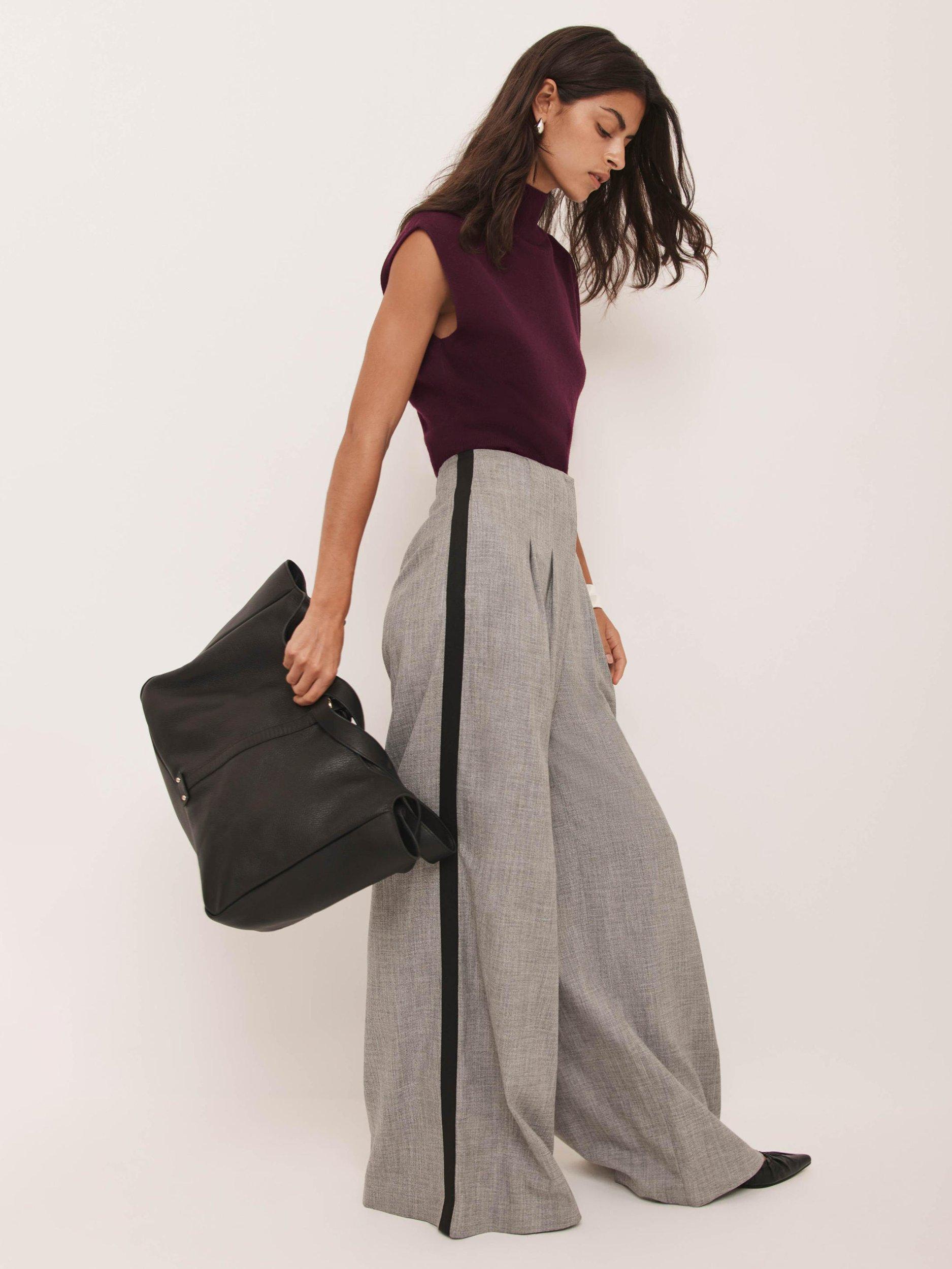 Product image 2 of 7, which shows Mint Velvet Wide Leg Stripe Trousers, Grey, 12R