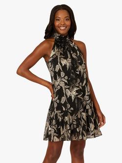 Adrianna Papell 3D Floral Halterneck Mini Dress, Black/Gold, Black/Gold