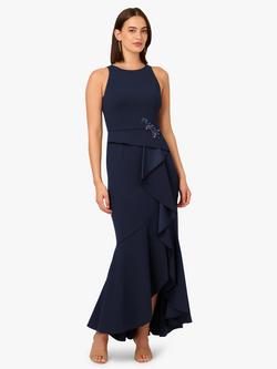 Adrianna Papell Beaded Crepe Ruffle Dress, Midnight, Midnight
