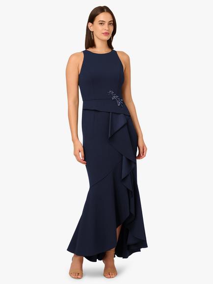 Adrianna Papell Beaded Crepe Ruffle Dress, Midnight, Midnight
