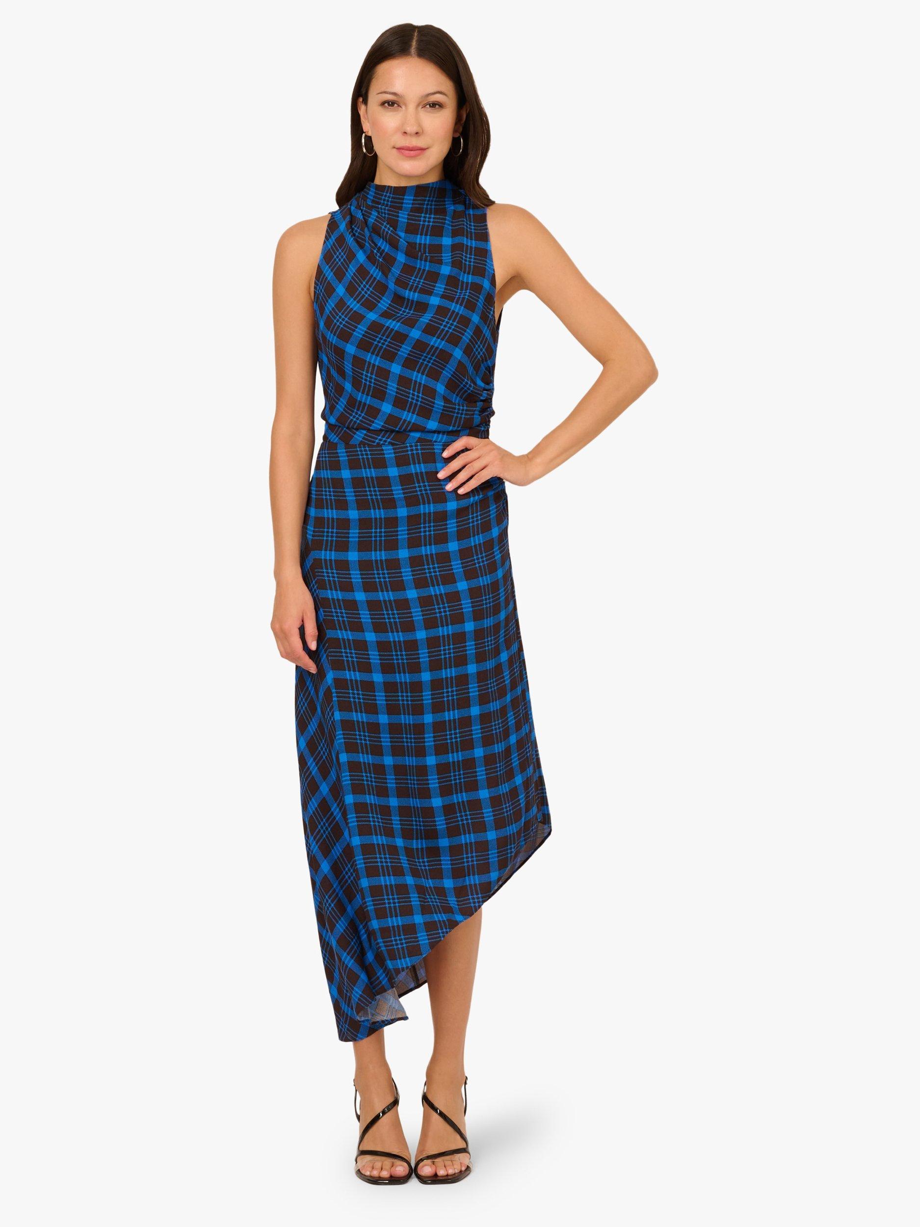 simple a line prom dresses Women Brown & Black Checked Pattern Round Neck Sleeveless Cotton Flared A- Line Mini Dress