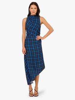 Adrianna Papell Plaid Check Asymmetric Dress, Brown/Blue, Brown/Blue