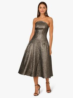 Adrianna By Adrianna Papell Strapless Metallic Jacquard Midi Dress, Gunmetal, Gunmetal