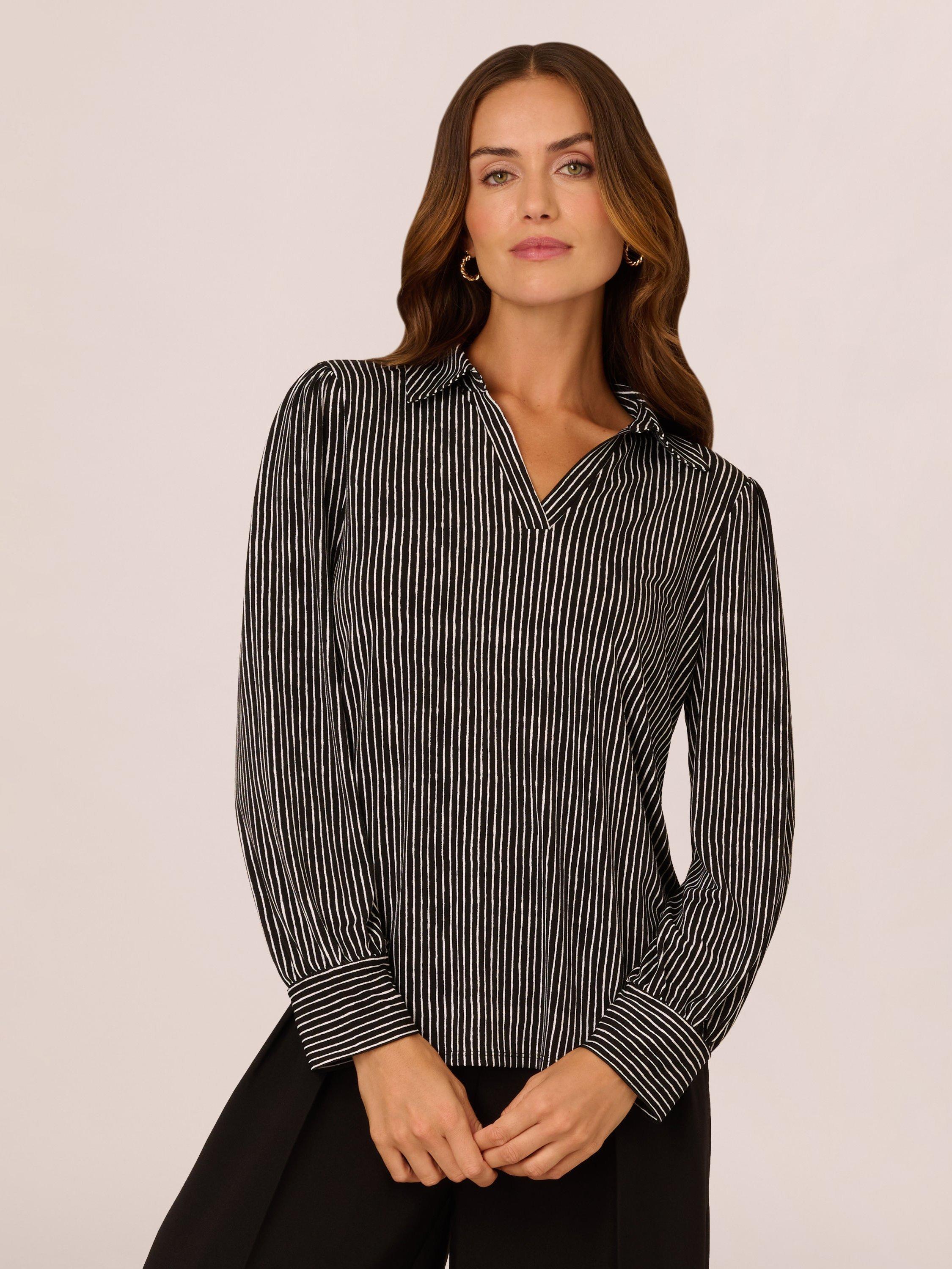 Product image 1 of 6, which shows Adrianna Papell Stripe Collar Top, Black/White, M