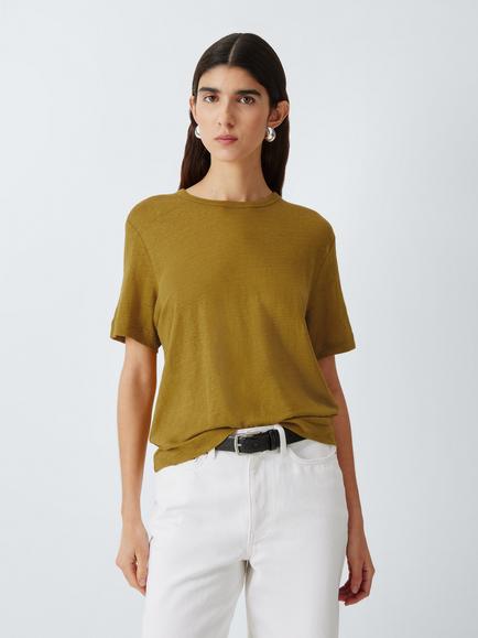 John Lewis Linen Crew Neck T-Shirt, Olive