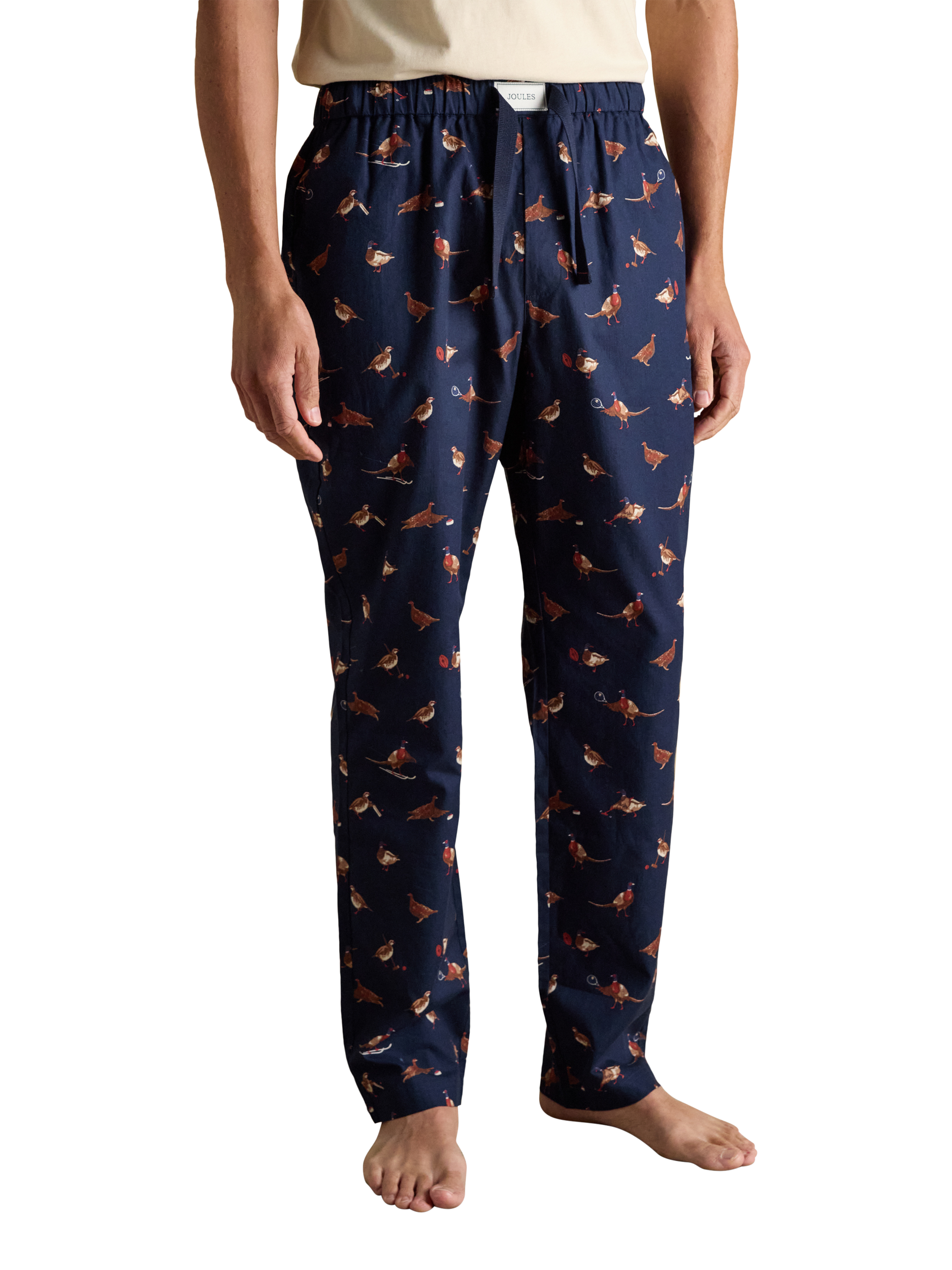 Product image 1 of 7, which shows Joules Dozer Cotton Pheasant Print Pyjama Bottoms, Navy, XL