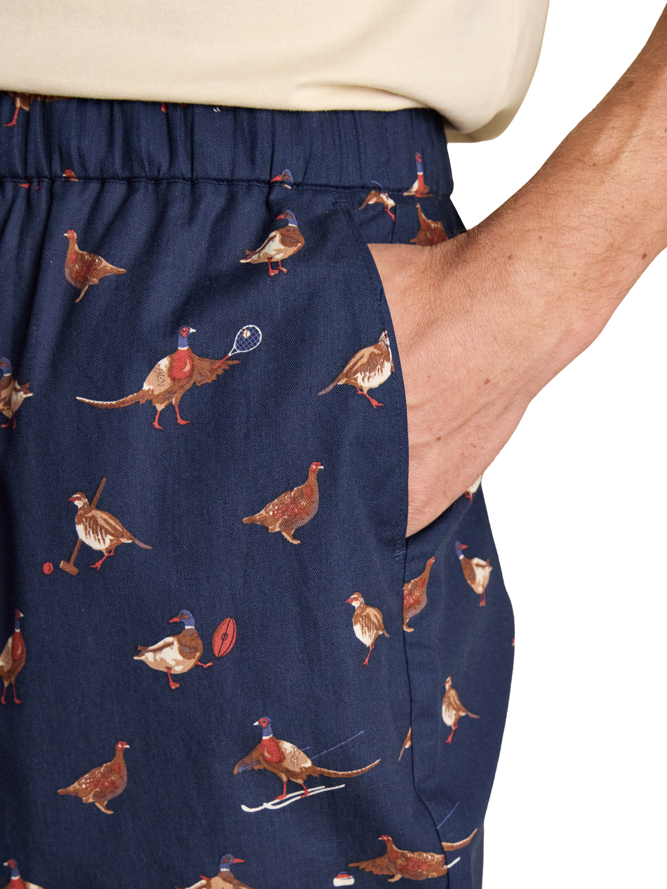Product image 3 of 7, which shows Joules Dozer Cotton Pheasant Print Pyjama Bottoms, Navy, XL