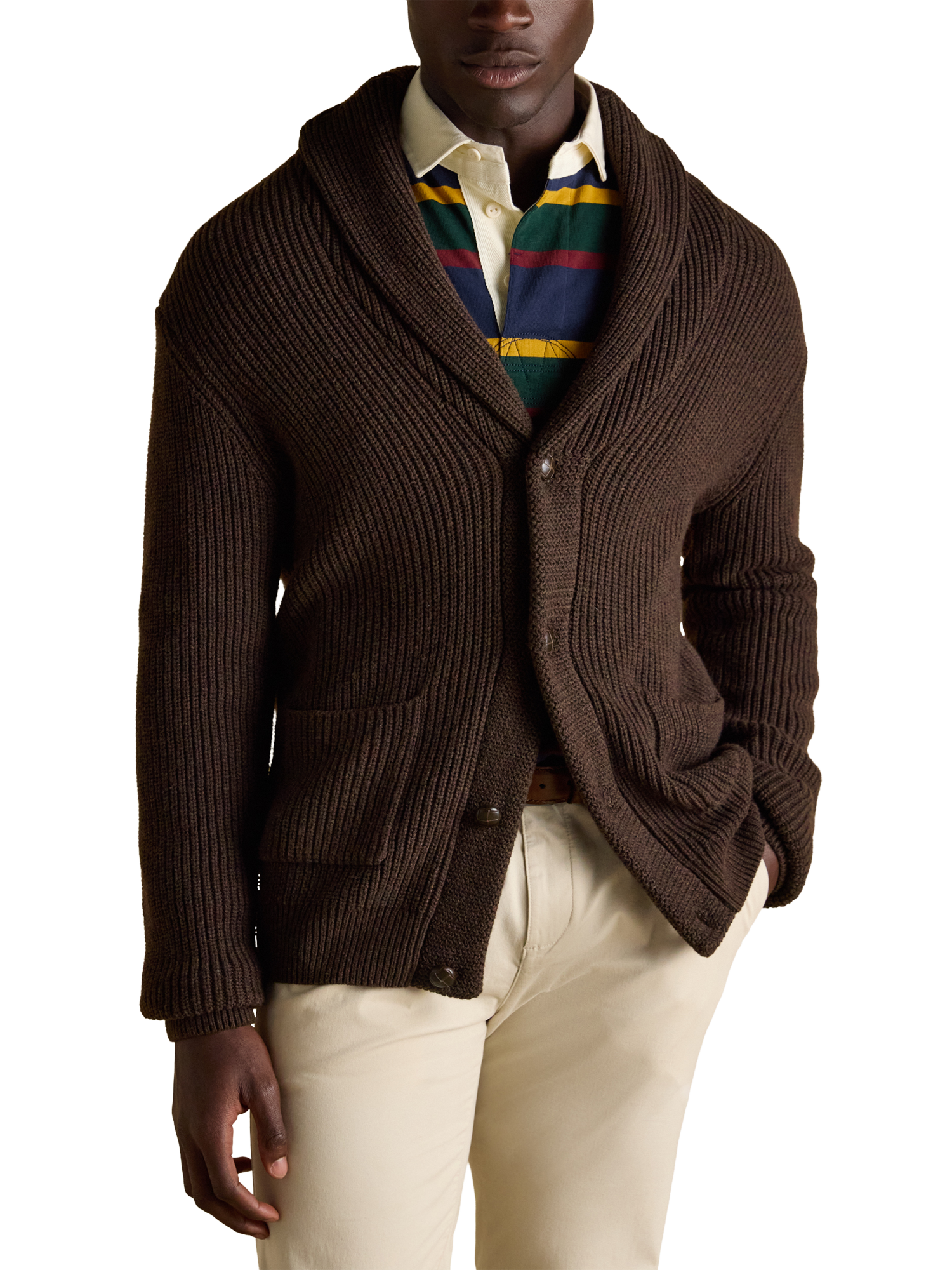 Product image 1 of 7, which shows Joules Cotton Blend Shawl Cardigan, Brown, S