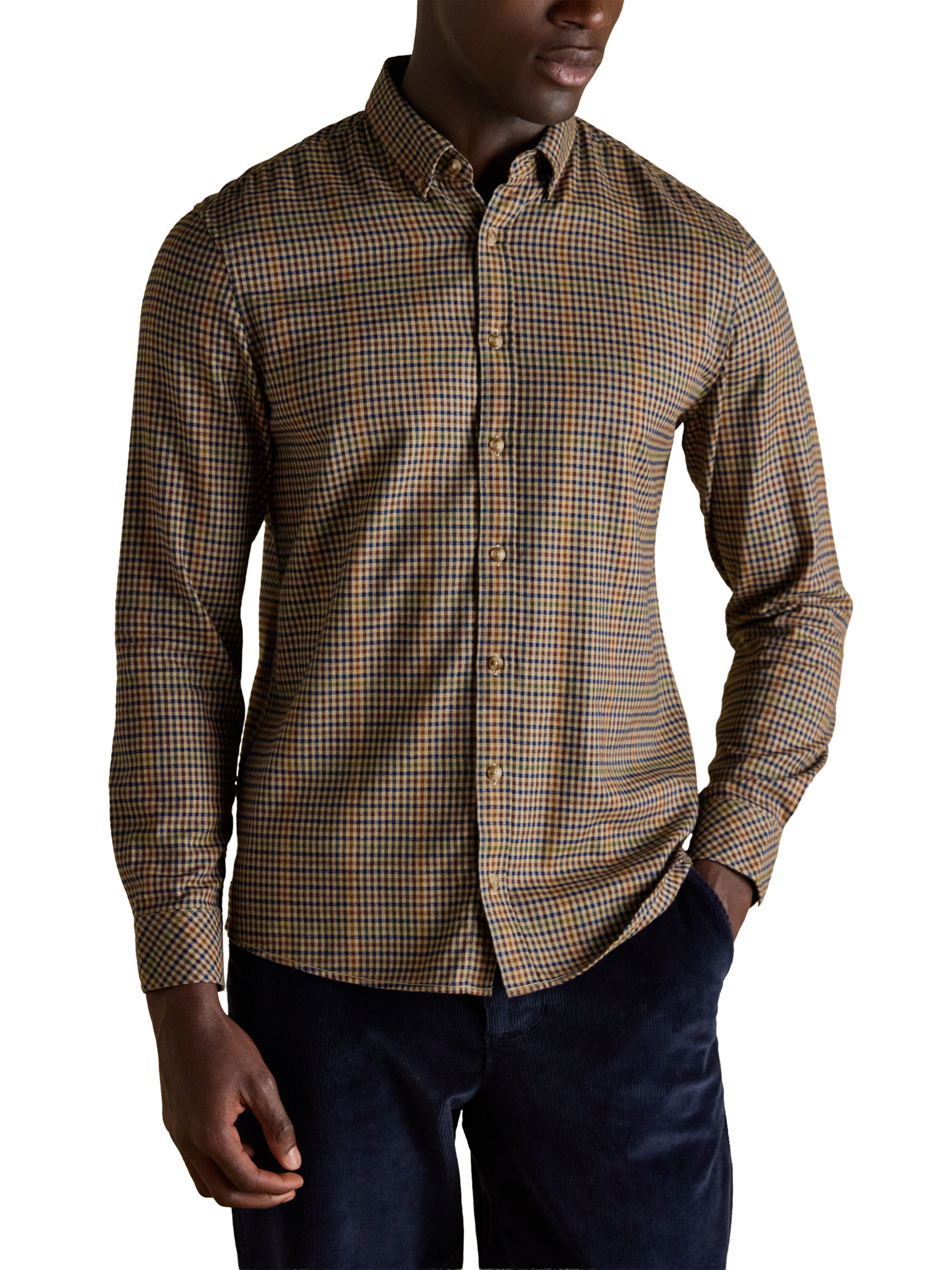 Product image 1 of 8, which shows Joules Cotton Check Long Sleeve Collar Shirt, Brown, S
