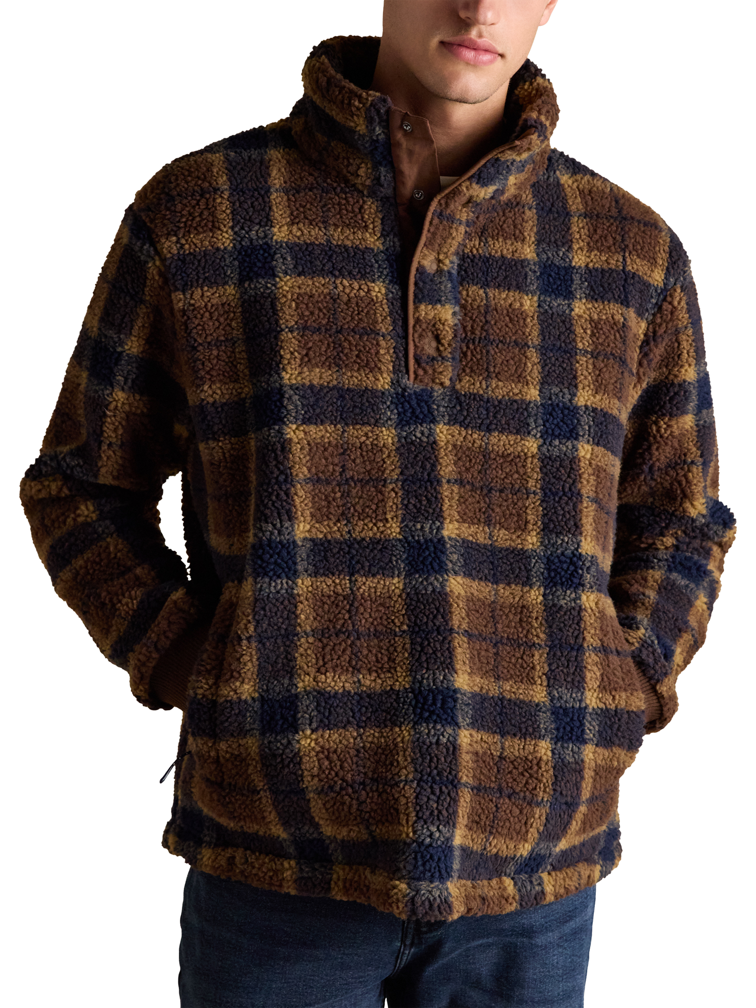 Product image 1 of 8, which shows Joules Overhead Check Borg Fleece Top, Brown, S