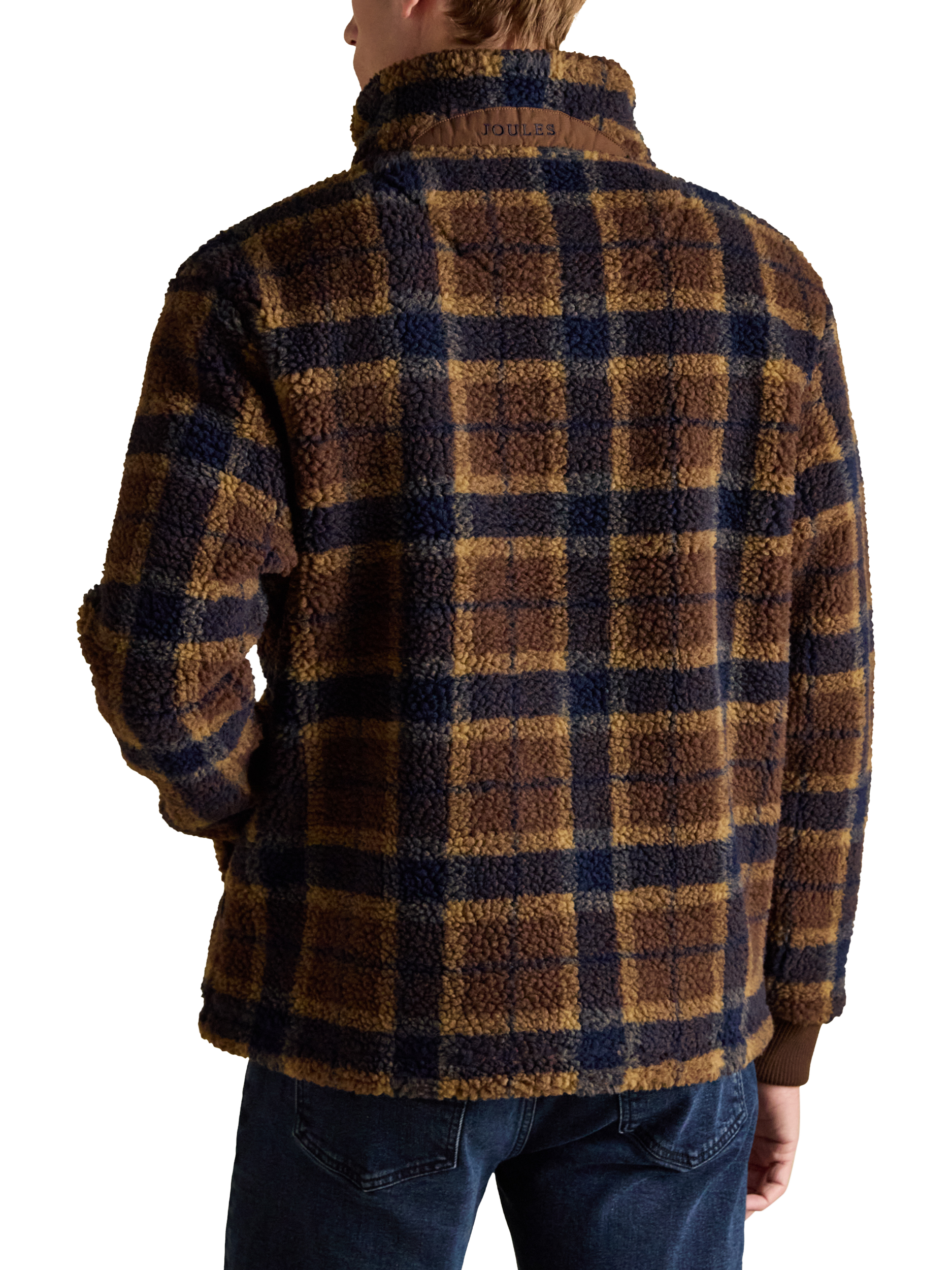 Product image 2 of 8, which shows Joules Overhead Check Borg Fleece Top, Brown, S