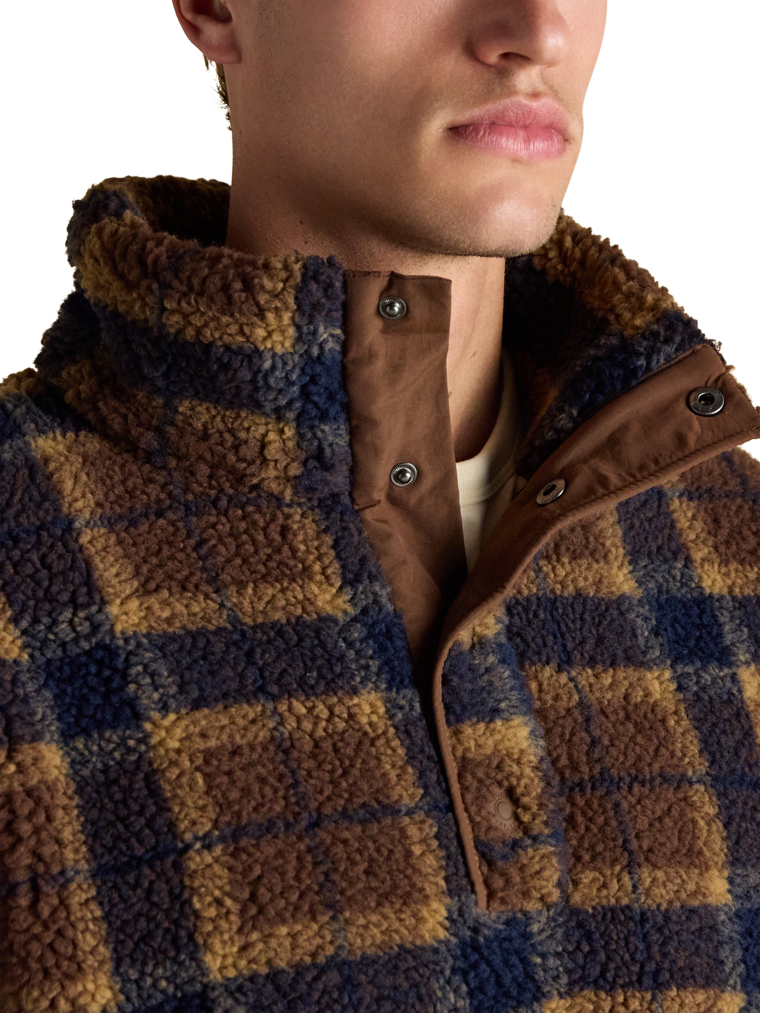 Product image 3 of 8, which shows Joules Overhead Check Borg Fleece Top, Brown, S