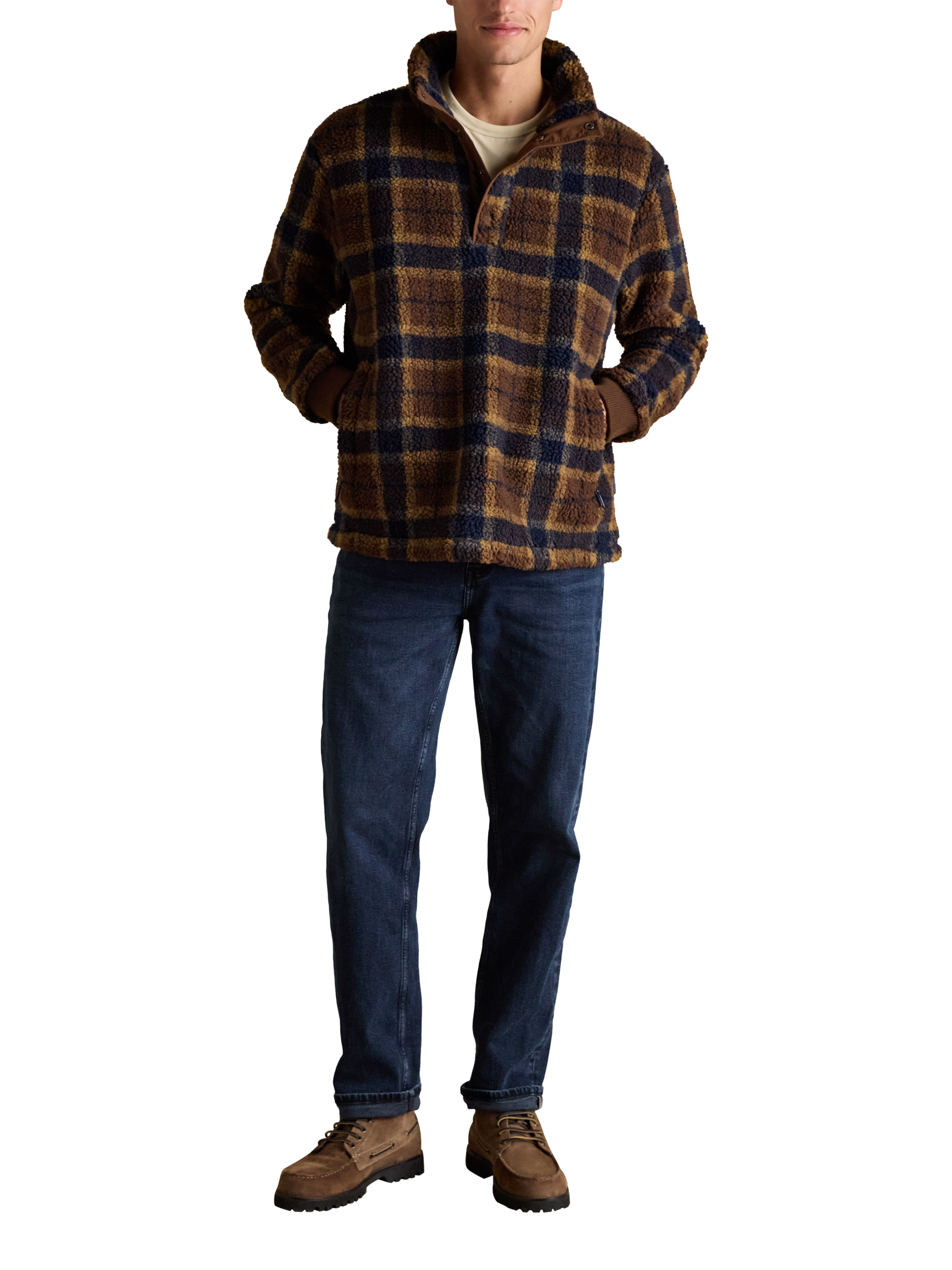 Product image 4 of 8, which shows Joules Overhead Check Borg Fleece Top, Brown, S