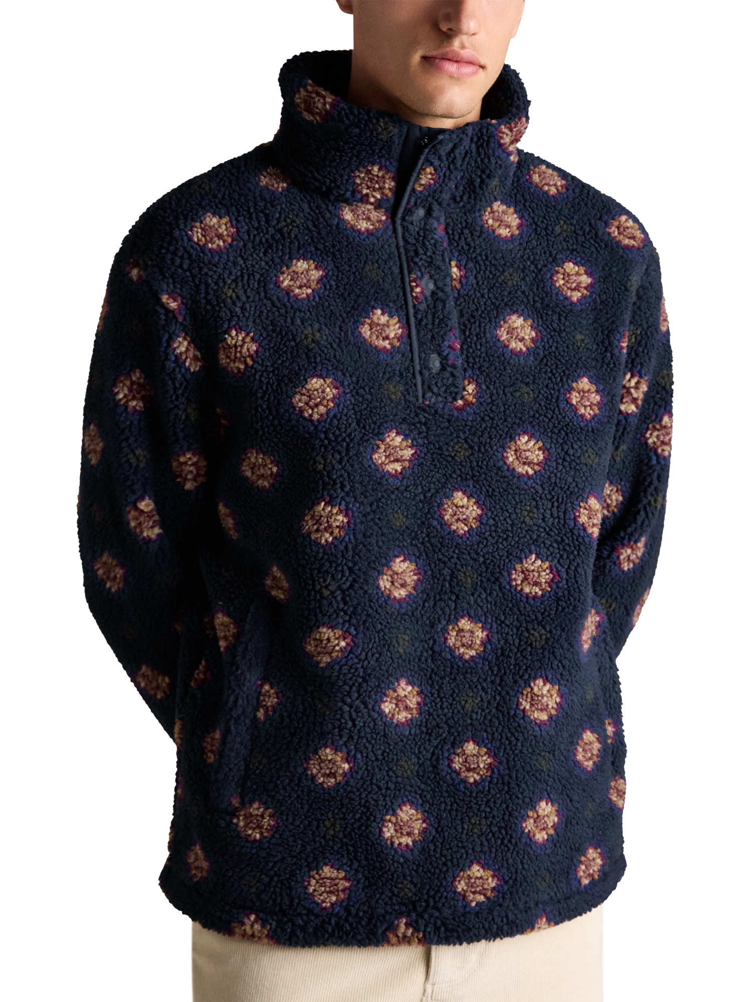 Product image 1 of 9, which shows Joules Printed Borg Fleece Jacket, Navy, S