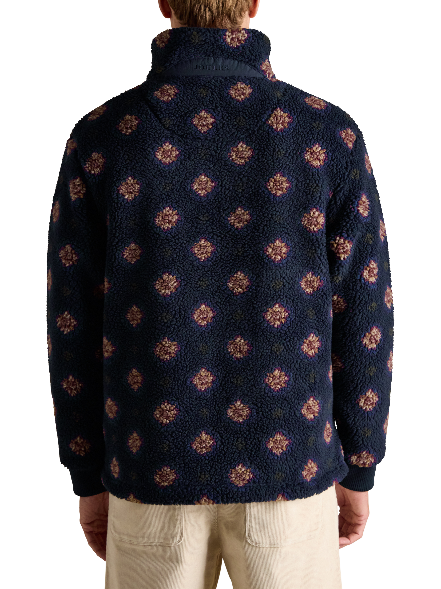 Product image 2 of 9, which shows Joules Printed Borg Fleece Jacket, Navy, S