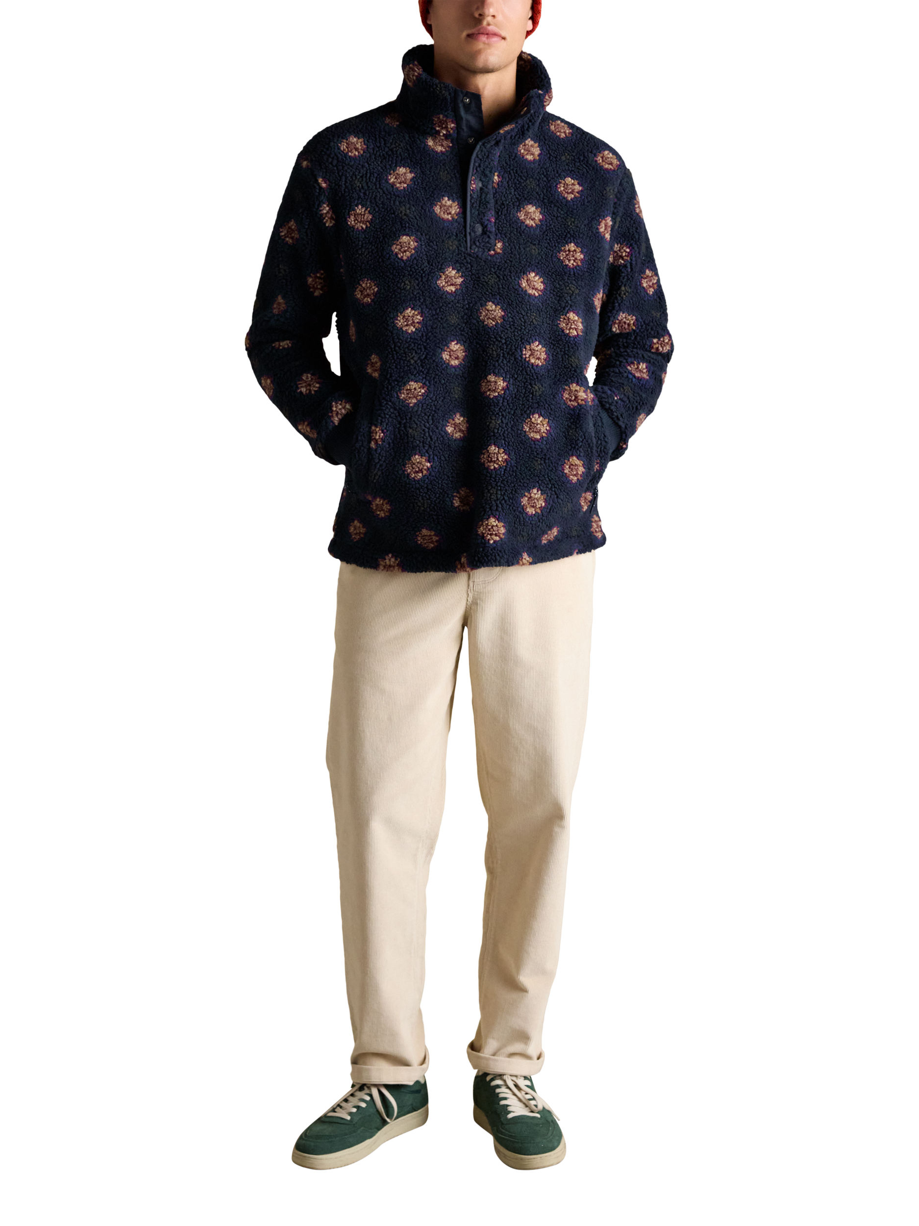 Product image 3 of 9, which shows Joules Printed Borg Fleece Jacket, Navy, S
