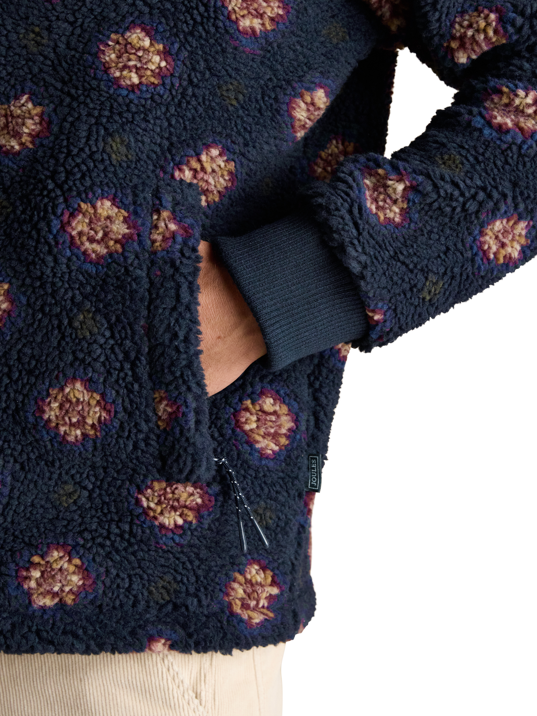 Product image 4 of 9, which shows Joules Printed Borg Fleece Jacket, Navy, S